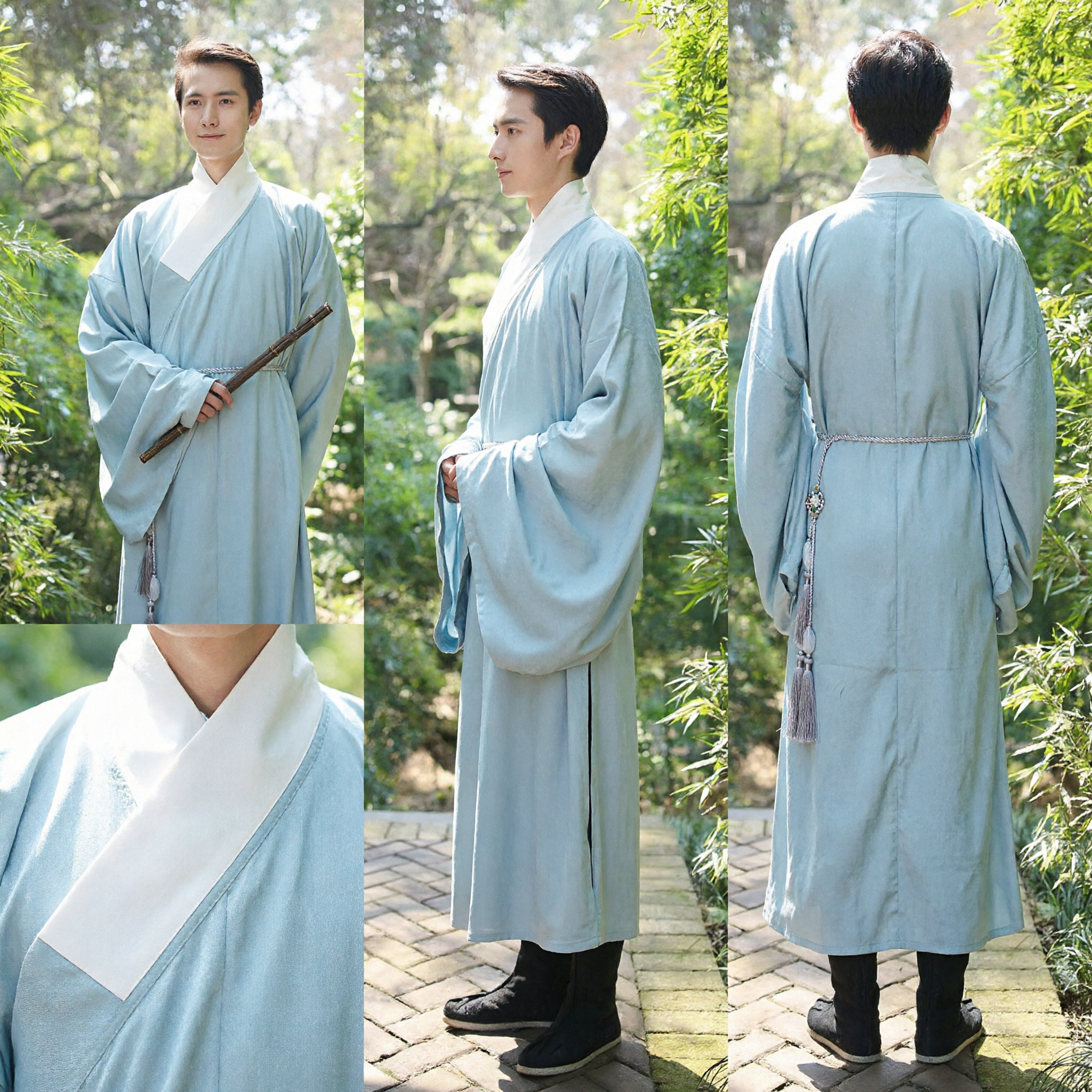 Antikes chinesisches Hanfu für Herren, hellblauer weiter Ärmelumhang, traditionelles Gelehrtenkostüm für Cosplay und Fotografie - Asian Costume