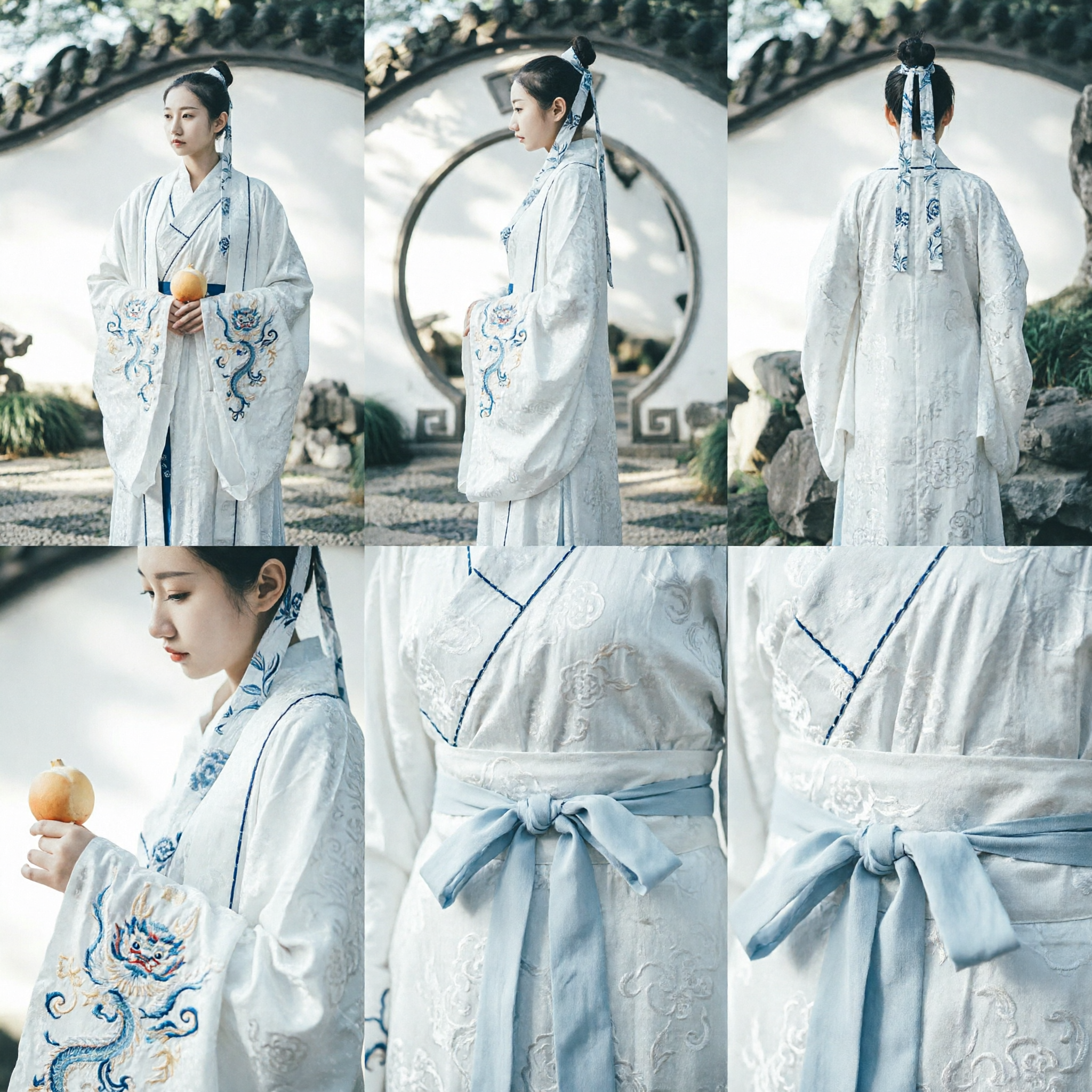 Elegante Hanfu Bianco Costume Antico Tradizionale Cinese Abito da Spadaccina Wuxia con Ricamo Blu per Donne - Asian Costume