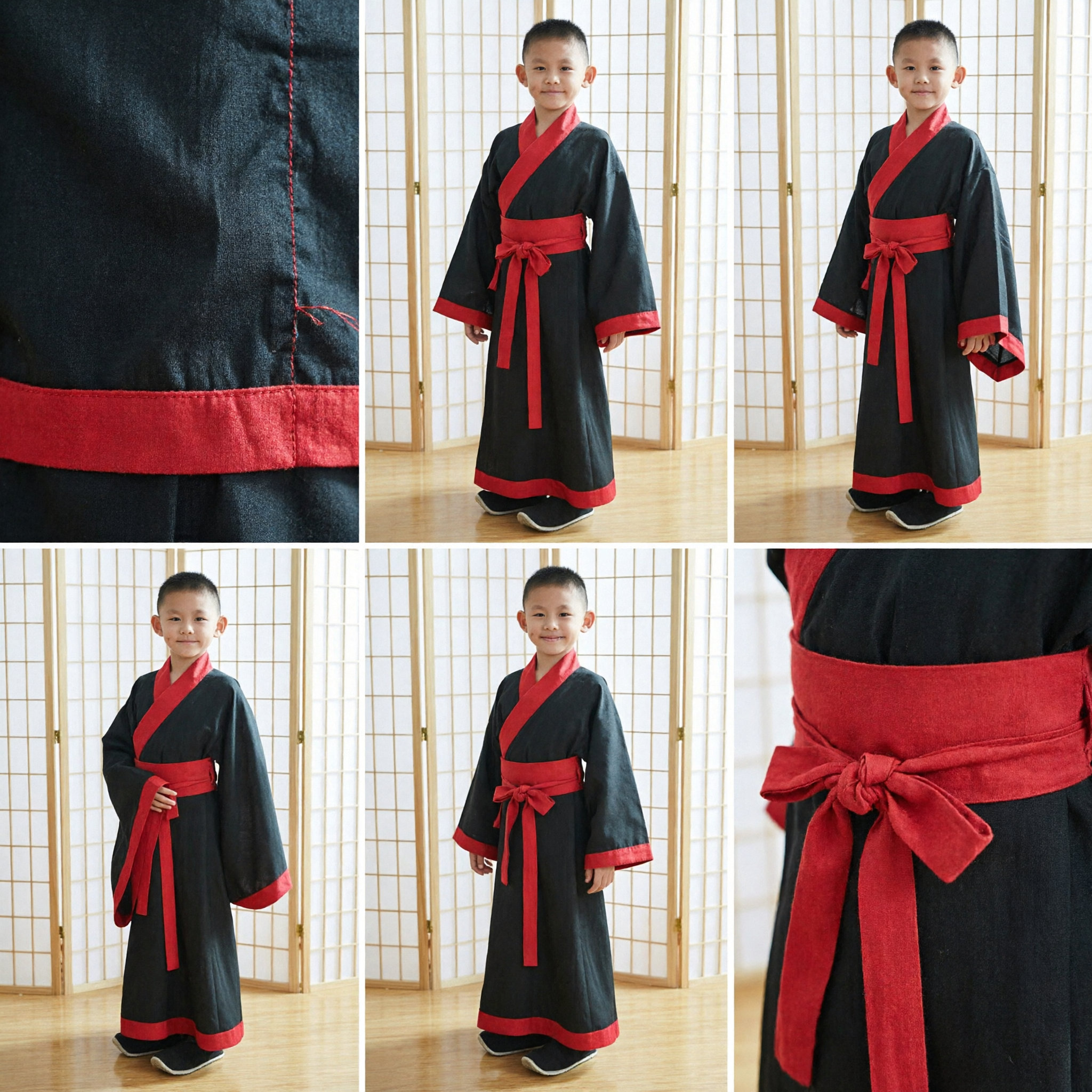 Japanisches Kimono für Jungen, schwarzes traditionelles Kostüm mit rotem Obi-Gürtel für kulturelle Feste und Auftritte - Asian Costume