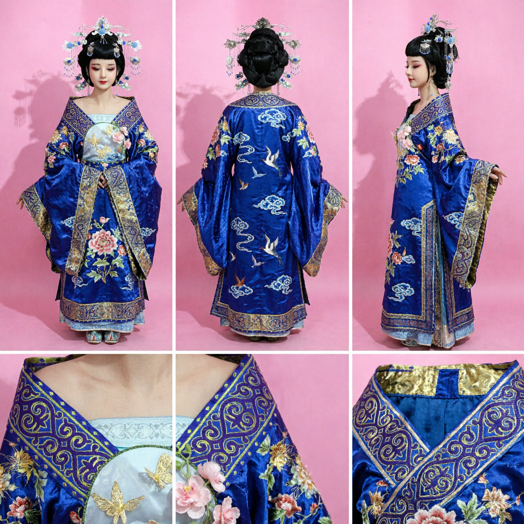 Juego Exquisito de Peluca y Tocado de Princesa China Antigua con Adornos Florales Azules para Traje de Cosplay Hanfu Tradicional - Asian Costume