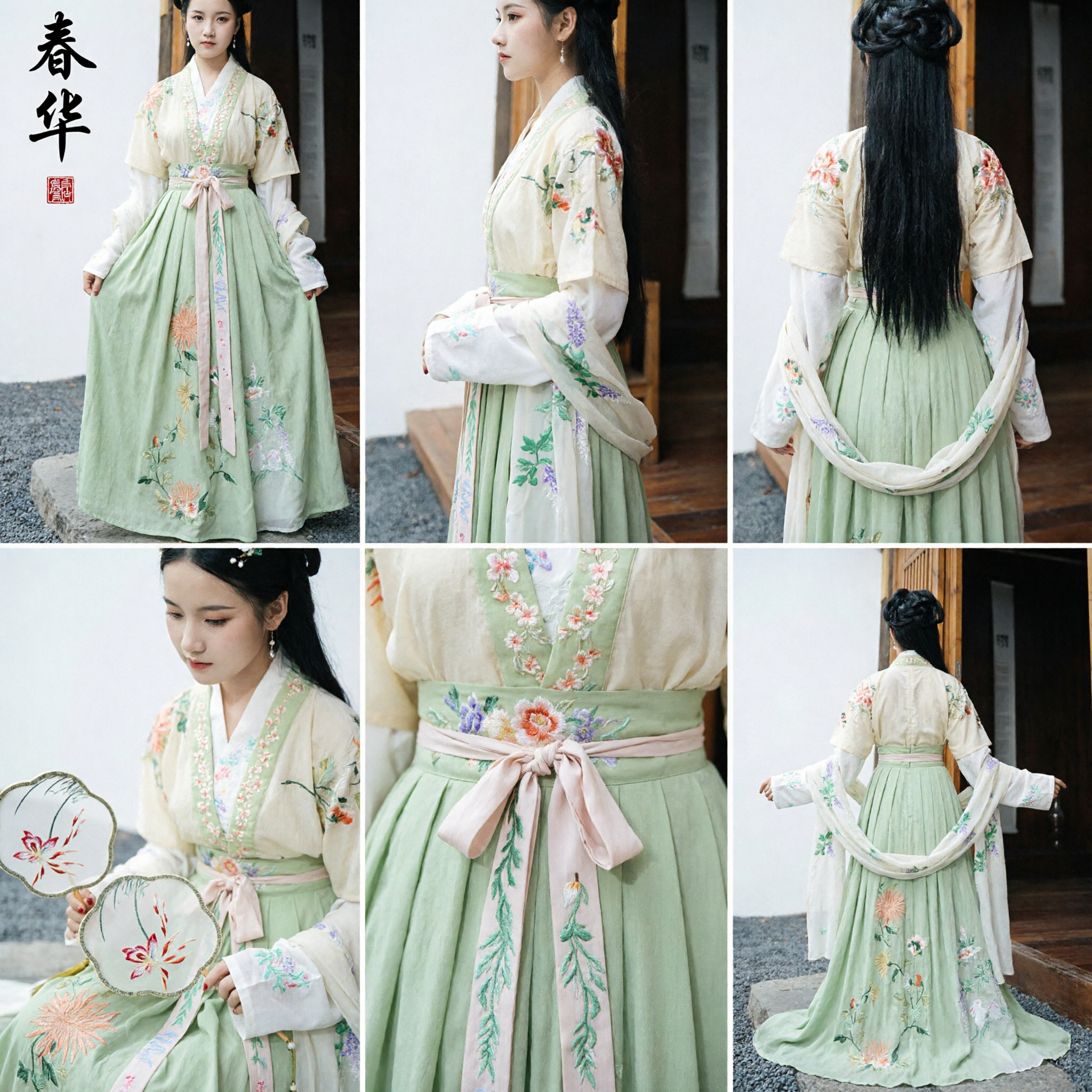 Elegante Set Hanfu con Ricamo Floreale Verde Costume Antico Tradizionale Cinese per Donne per Fotografia Primaverile - Asian Costume