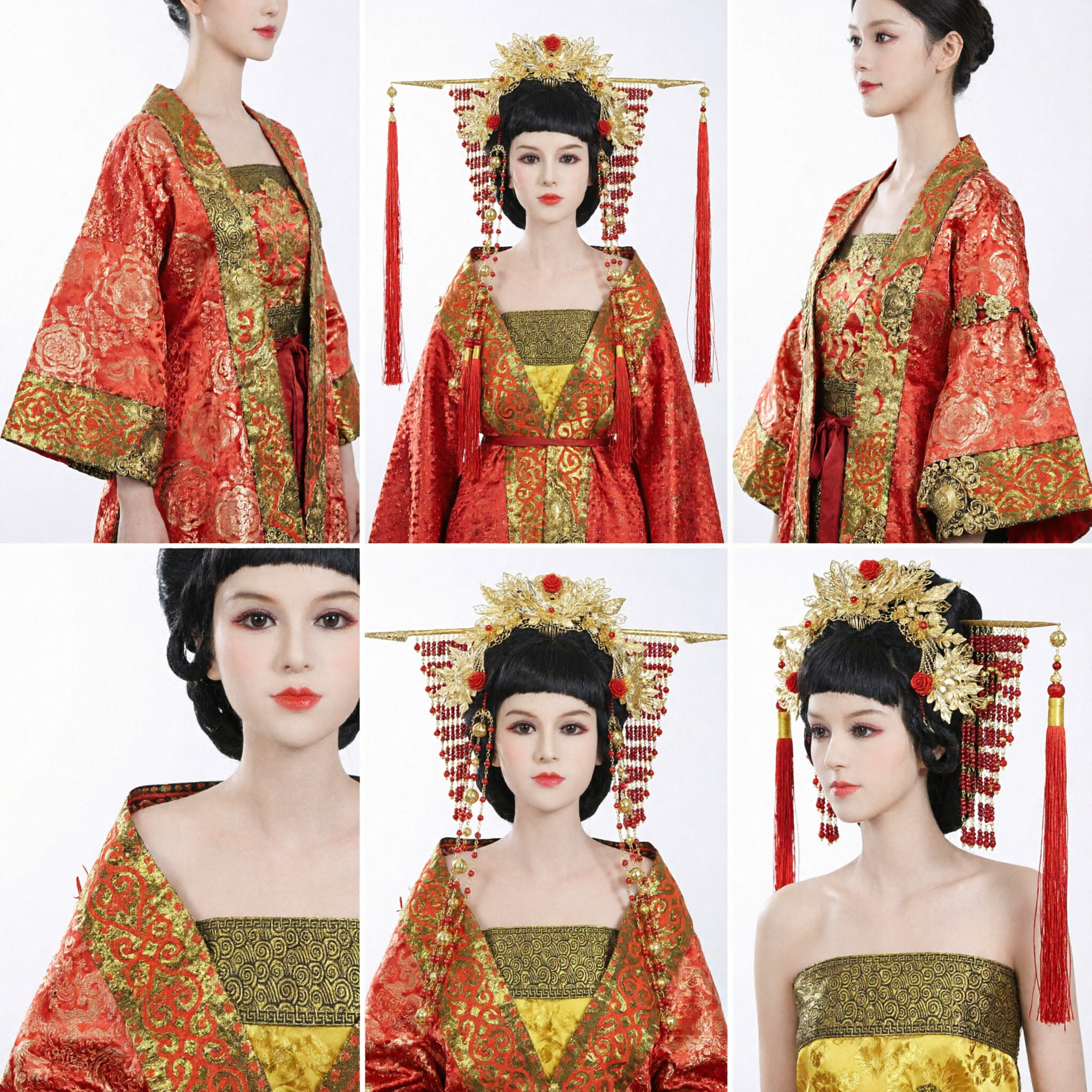 전통 중국식 봉황 관 금 세공 머리장식 (홍색 구슬 장식) 한푸 웨딩 신부 황후 의상용 - Asian Costume