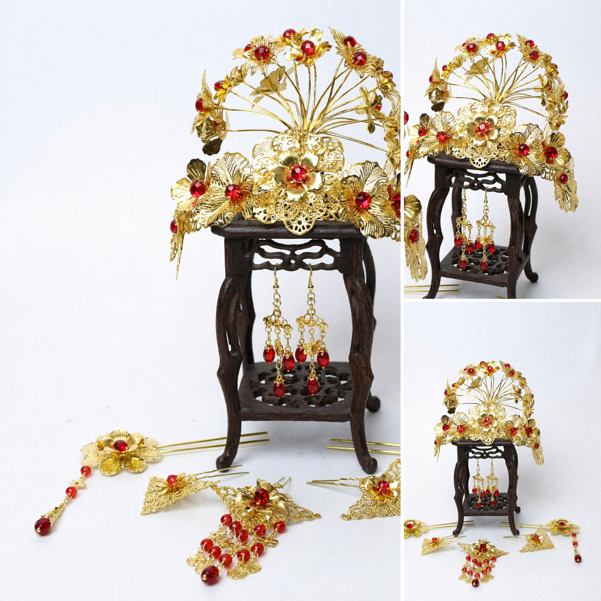 Traditionelles chinesisches Gold-Blumen-Haarkronen-Set mit roten Edelsteinen Hanfu-Braut-Hochzeitskopfschmuck-Accessoires für Frauen - Asian Costume