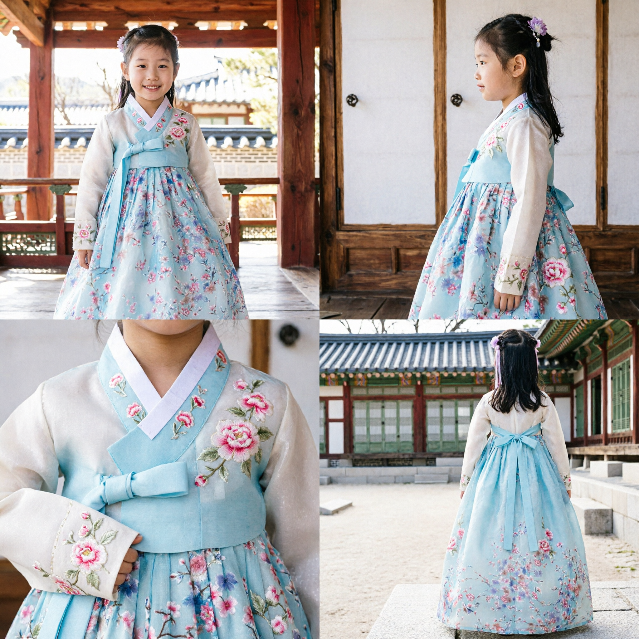 Hanbok Tradicional Coreano para Meninas Crianças Vestido Azul Floral Traje para Apresentações e Festivais - Asian Costume