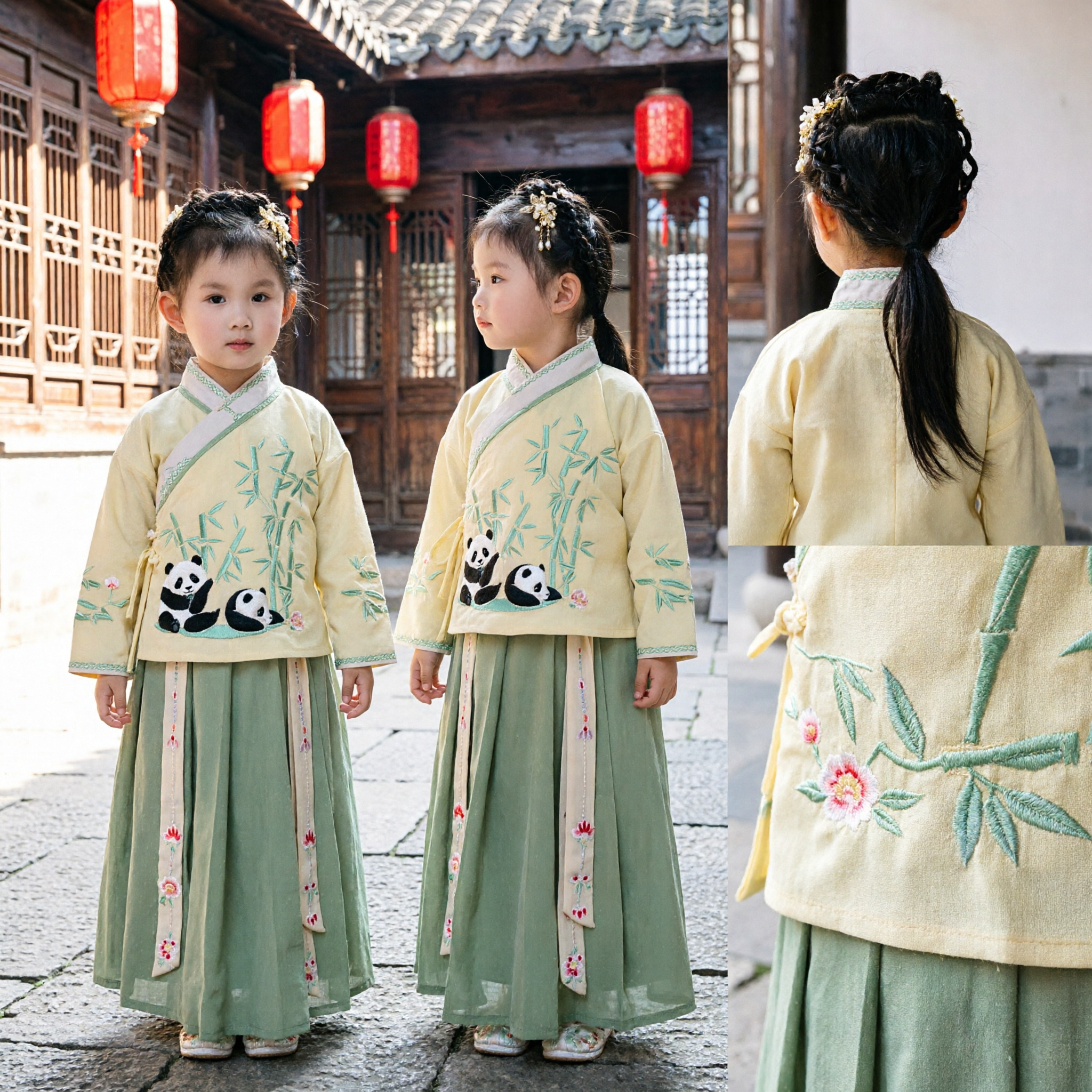 Traje Tradicional Chino Hanfu para Niñas, Conjunto de Ropa Antigua con Top Amarillo Bordado de Bambú y Panda y Falda Verde - Asian Costume