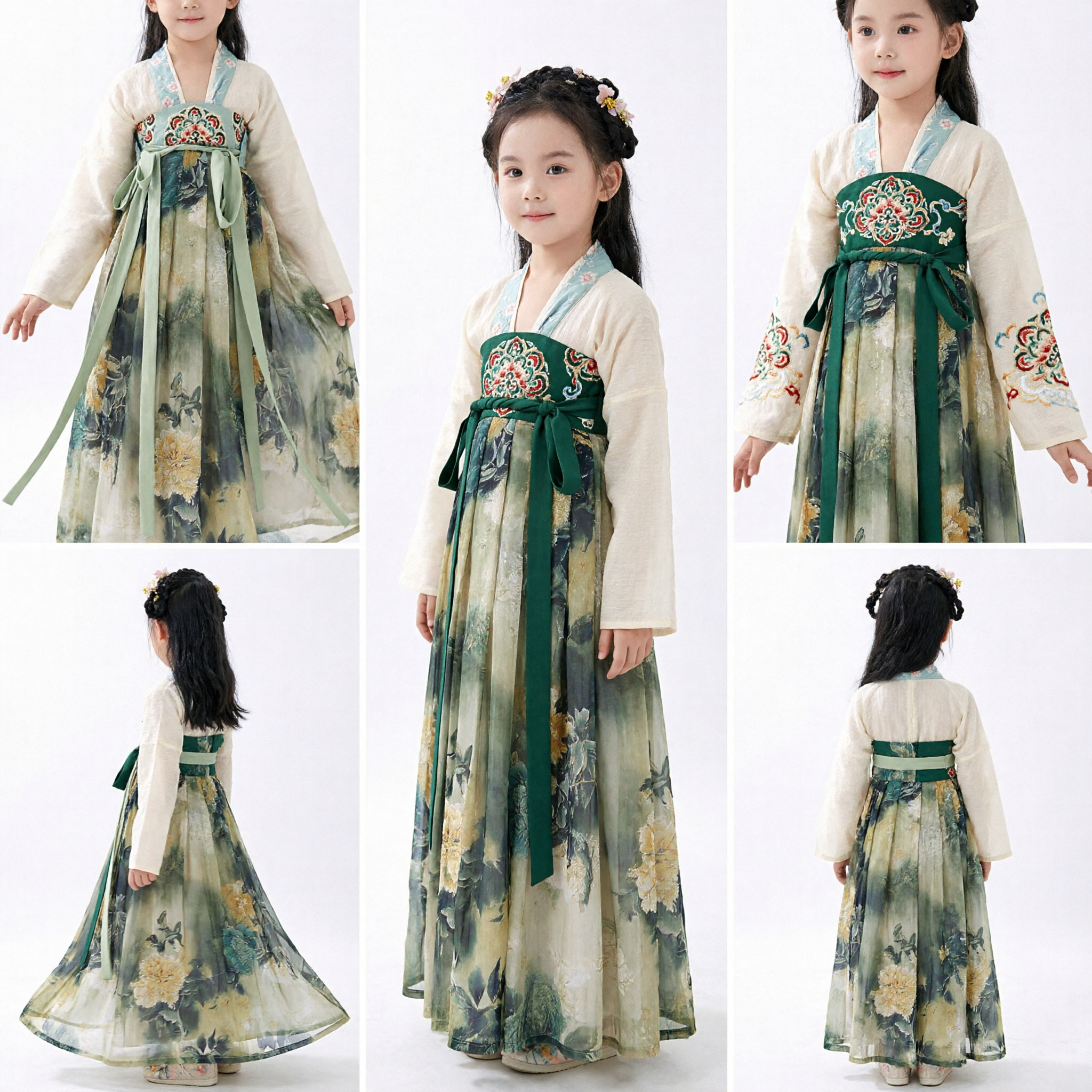 Abito Hanfu tradizionale cinese per bambine Stile dinastia Tang Costume da principessa ricamato floreale per bambini - Asian Costume