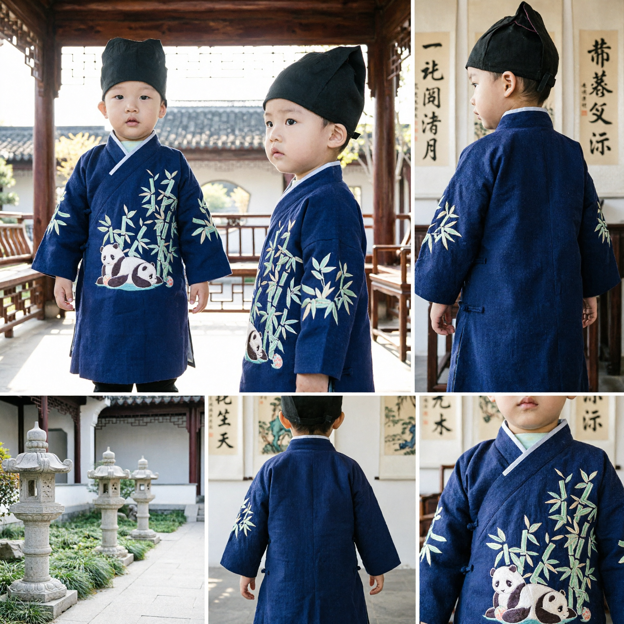 Kinder Traditionelles chinesisches Hanfu Marineblau Panda Bambus Stickerei Robe Antikes Gelehrtenkostüm für Jungen - Asian Costume