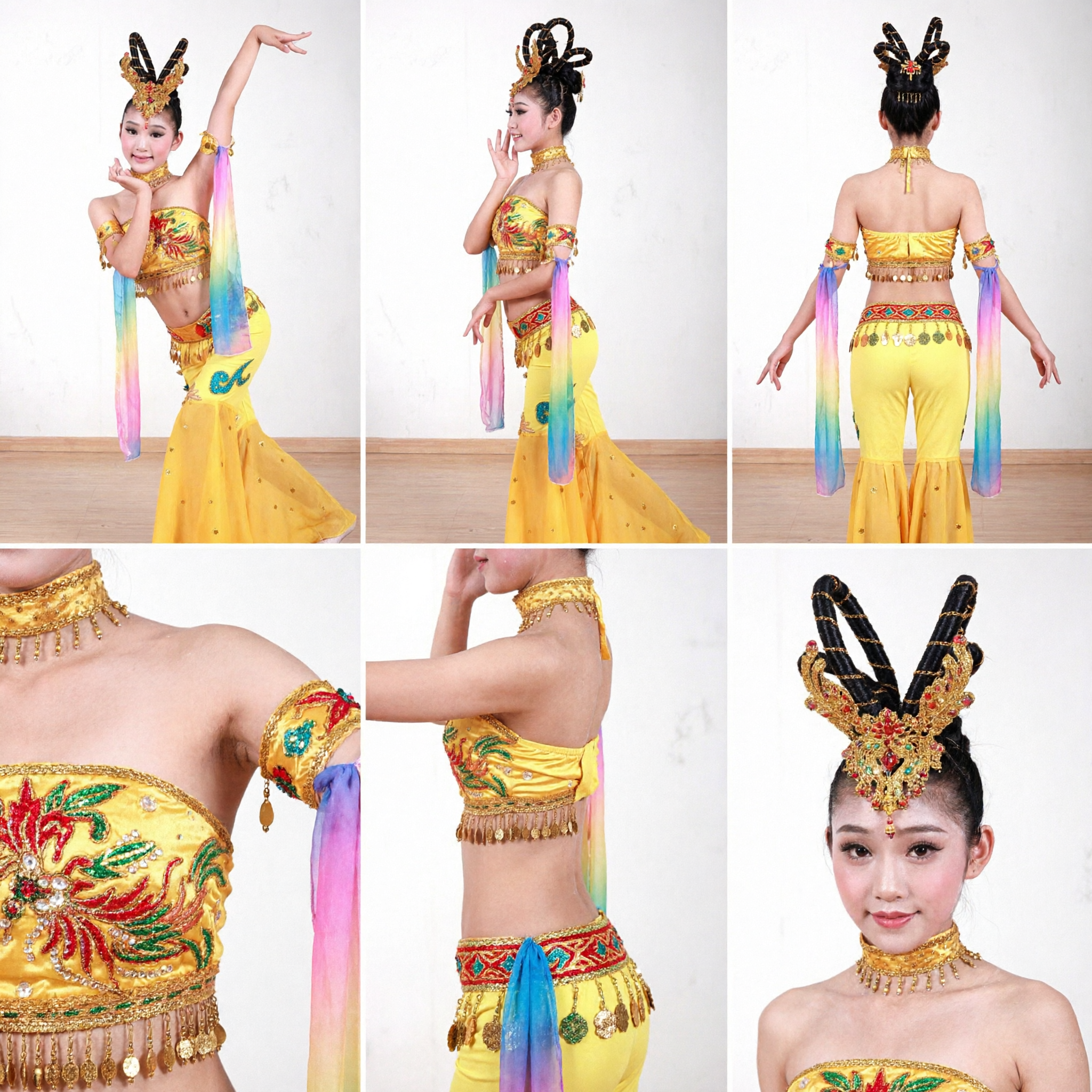 Costume da danza Dai Peacock giallo per bambine Abito da palcoscenico tradizionale cinese con copricapo e maniche - Asian Costume