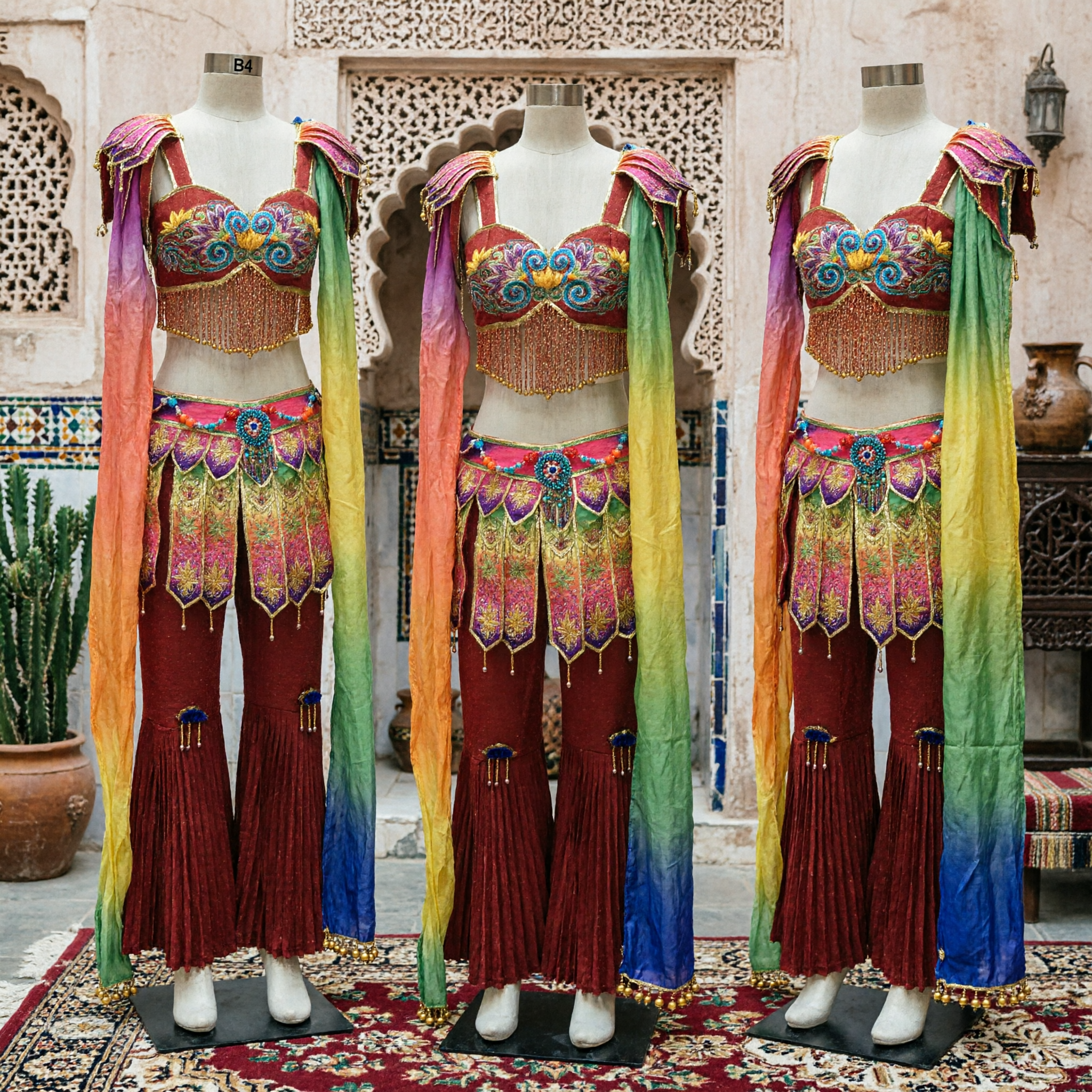 Costume de danse de Dunhuang traditionnel chinois pour femmes - Tenue de performance Apsaras volantes arc-en-ciel Feitian brodée avec longues manches d'eau - Asian Costume