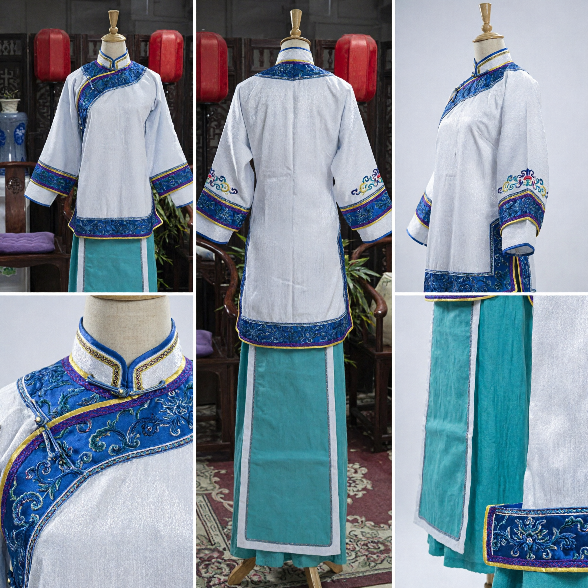 Traditioneel Chinese Hanfu Kostuum Vrouwen Antiek Blauw Wit Geborduurde Top Rok Set voor Theeceremonie Optreden - Asian Costume