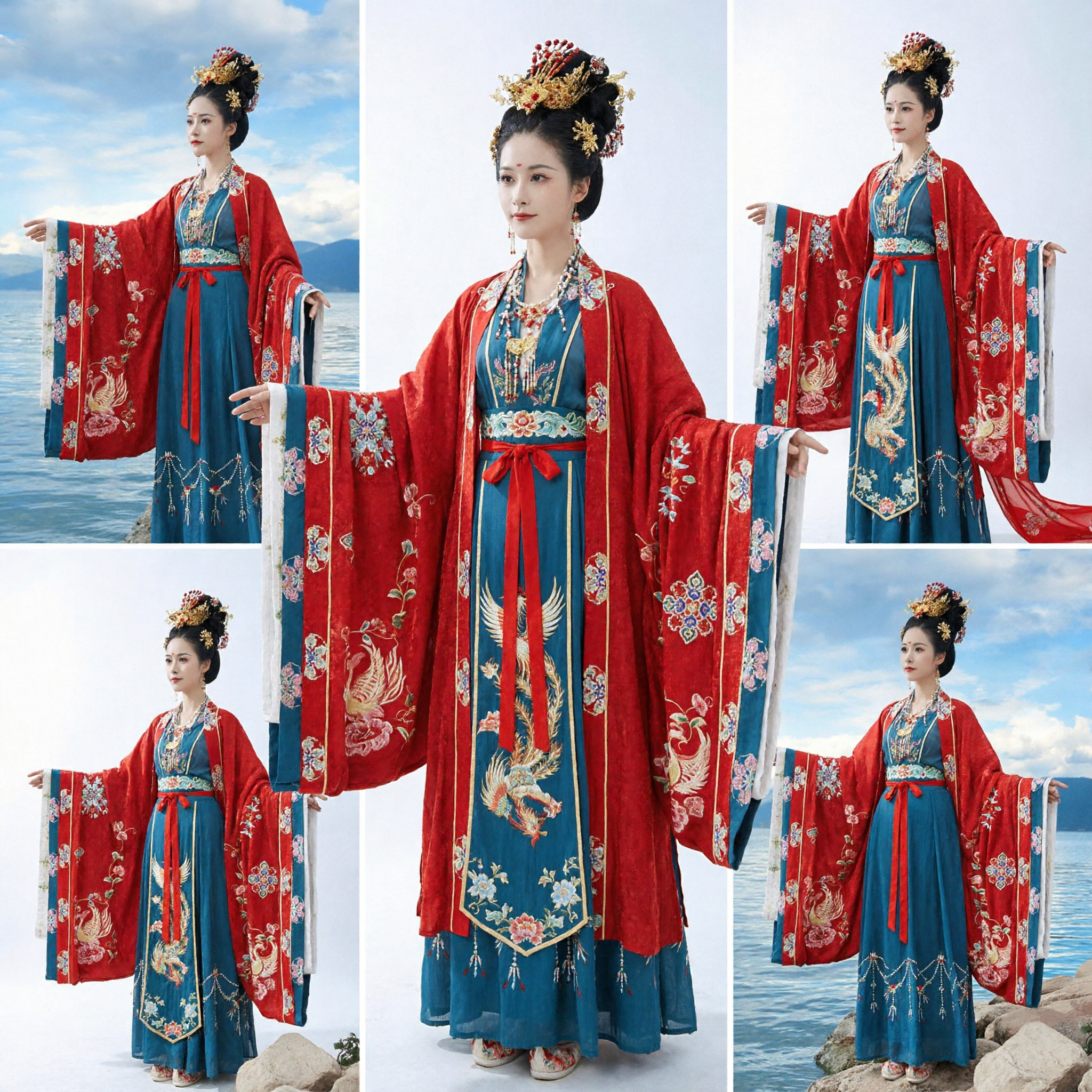 Traditioneel Chinese Hanfu Kostuum Antieke Tang Dynastie Prinses Rood Geborduurde Mantel Blauwe Jurk voor Vrouwen - Asian Costume