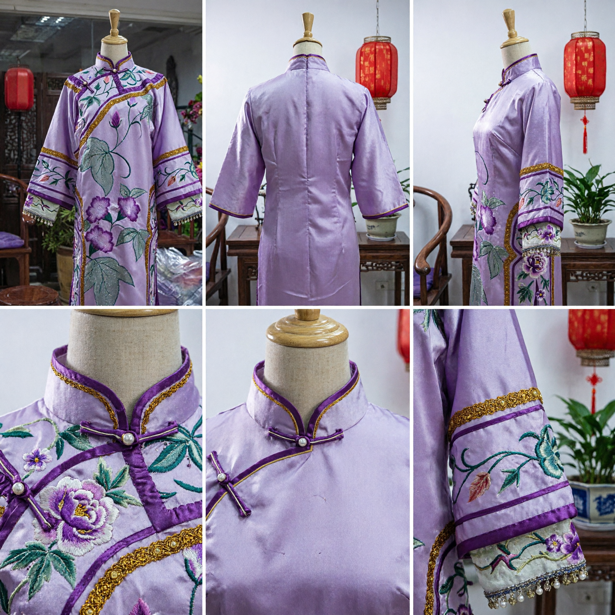 Cheongsam Tradicional Chinês Floral Roxo Vestido Longo de Seda Qipao Bordado para Mulheres Casamento Performance - Asian Costume