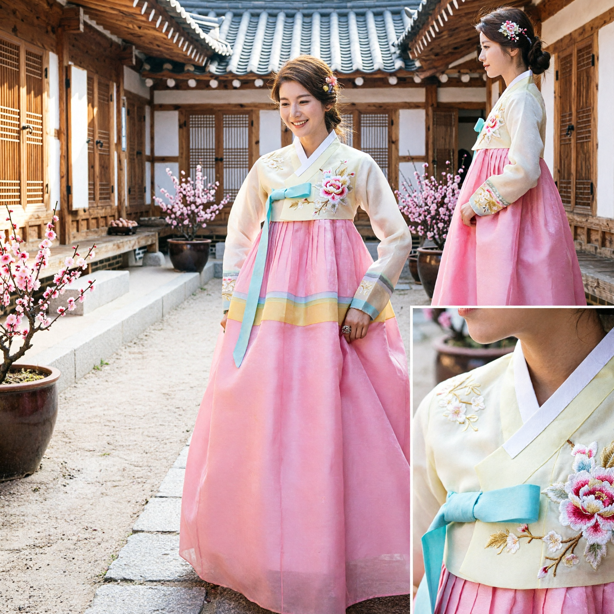 Hanbok Coreano Tradicional Elegante para Mujer, Falda Chima Rosa y Blusa Jeogori Crema para Bodas y Fiestas - Asian Costume