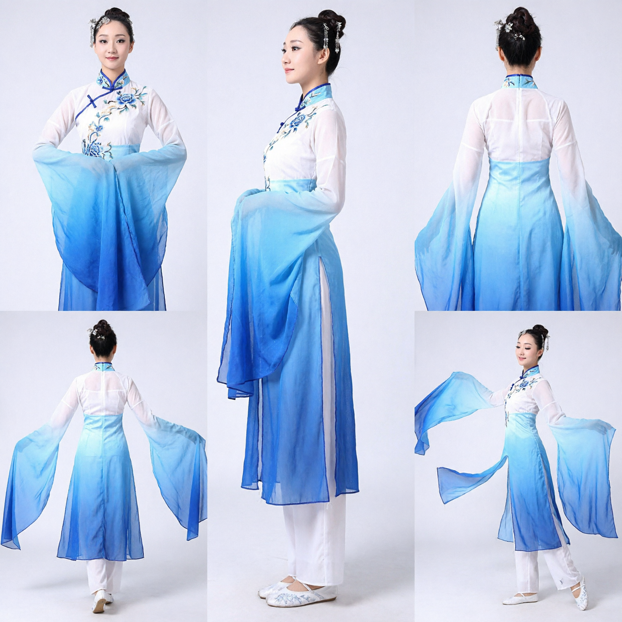 Traditional Chinese Classical Dance Costume for Women Blue Gradient Water Sleeve Yangge Fan Dance Performance Outfit - Asian Costume