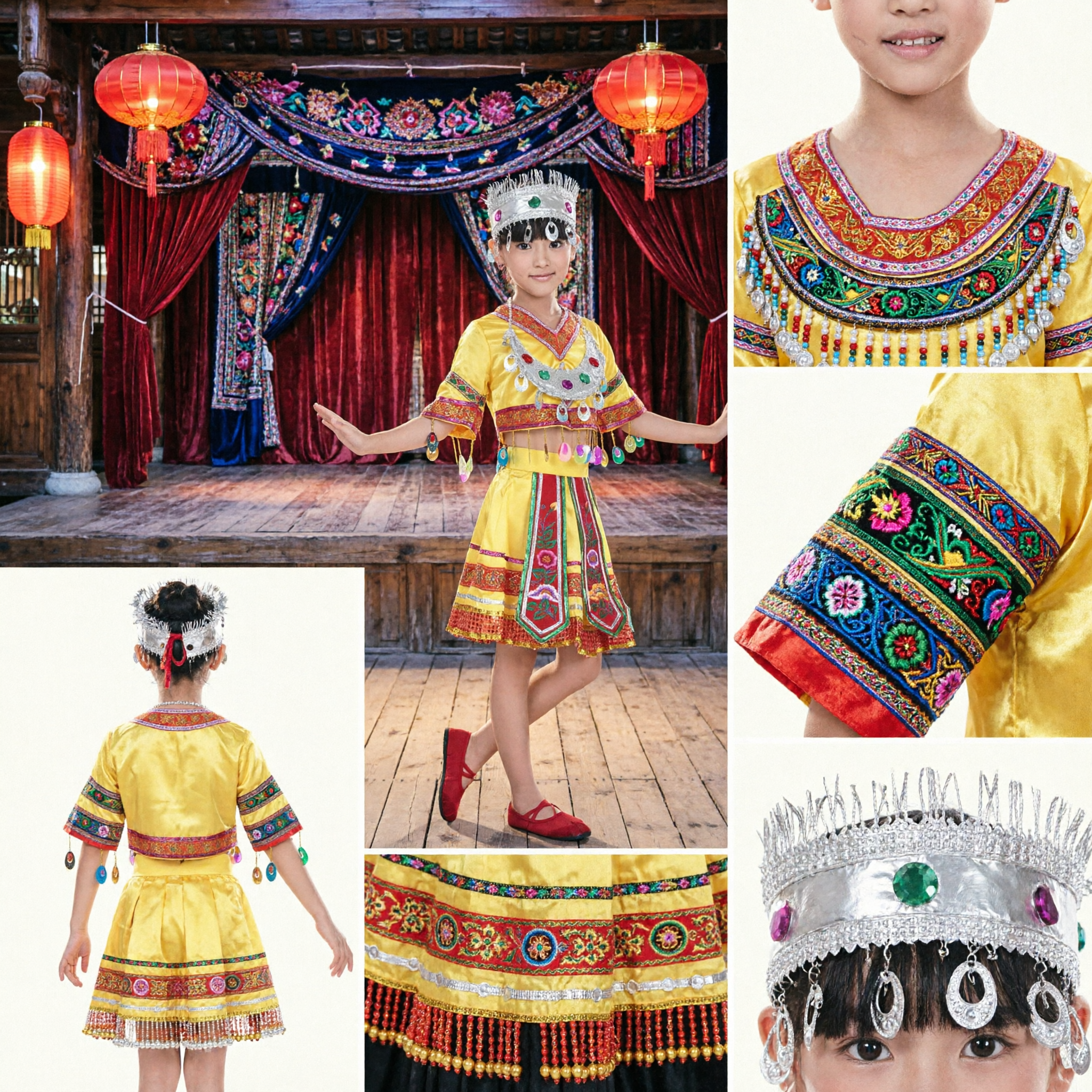 Kinderen Chinese etnisch geel Miao-danskostuum, traditioneel folkloristisch podiumoptreden outfit voor meisjes - Asian Costume