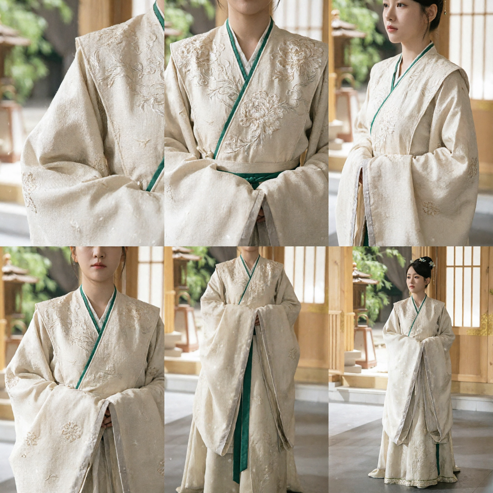 Traje Antigo Tradicional Hanfu Chinês para Mulheres, Robe de Manga Larga Cor Creme Bege, Vestido para Drama Histórico - Asian Costume