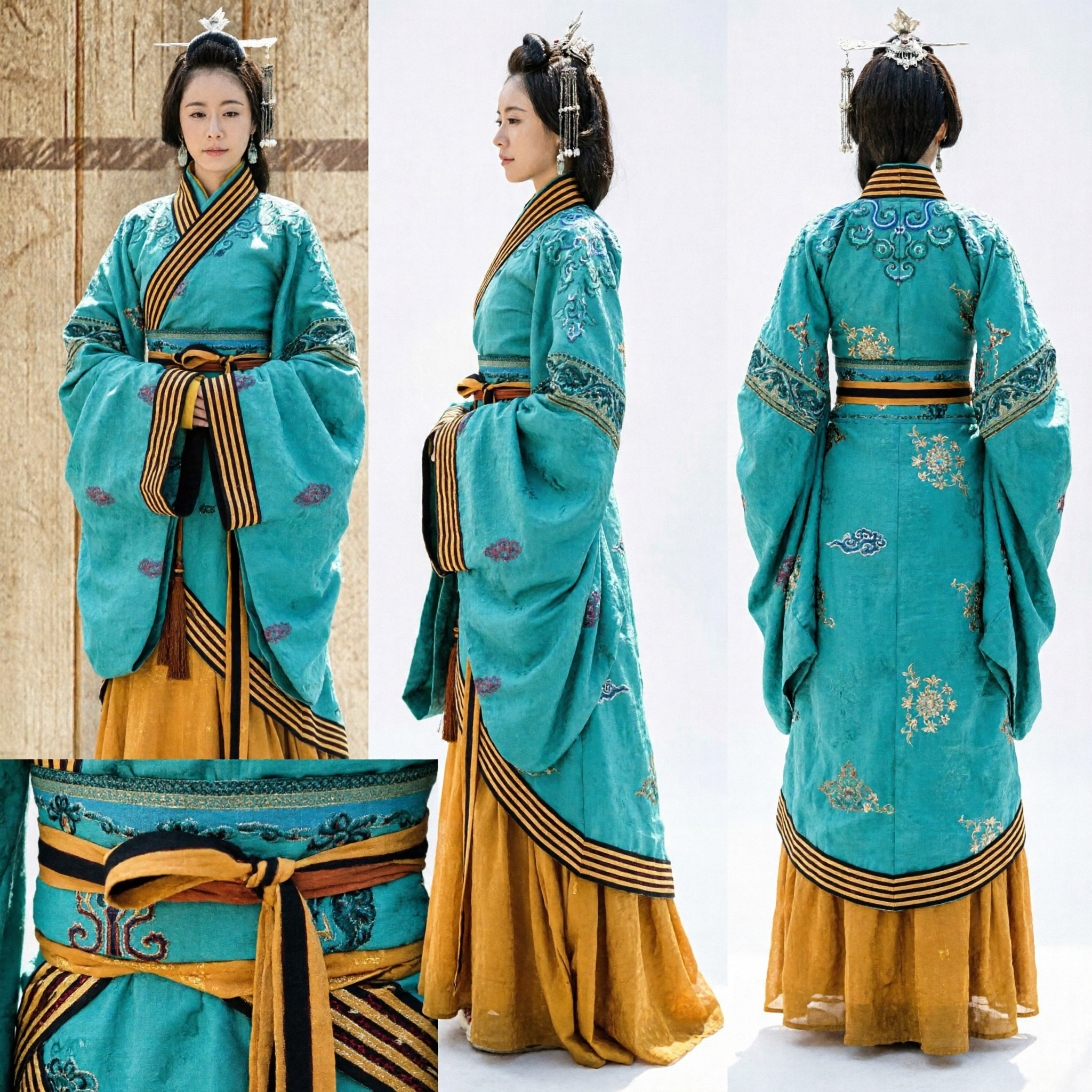 Traje Tradicional Chinês Hanfu para Mulheres, Vestido Antigo de Palácio Verde-azulado e Dourado para Cosplay e Eventos Históricos - Asian Costume