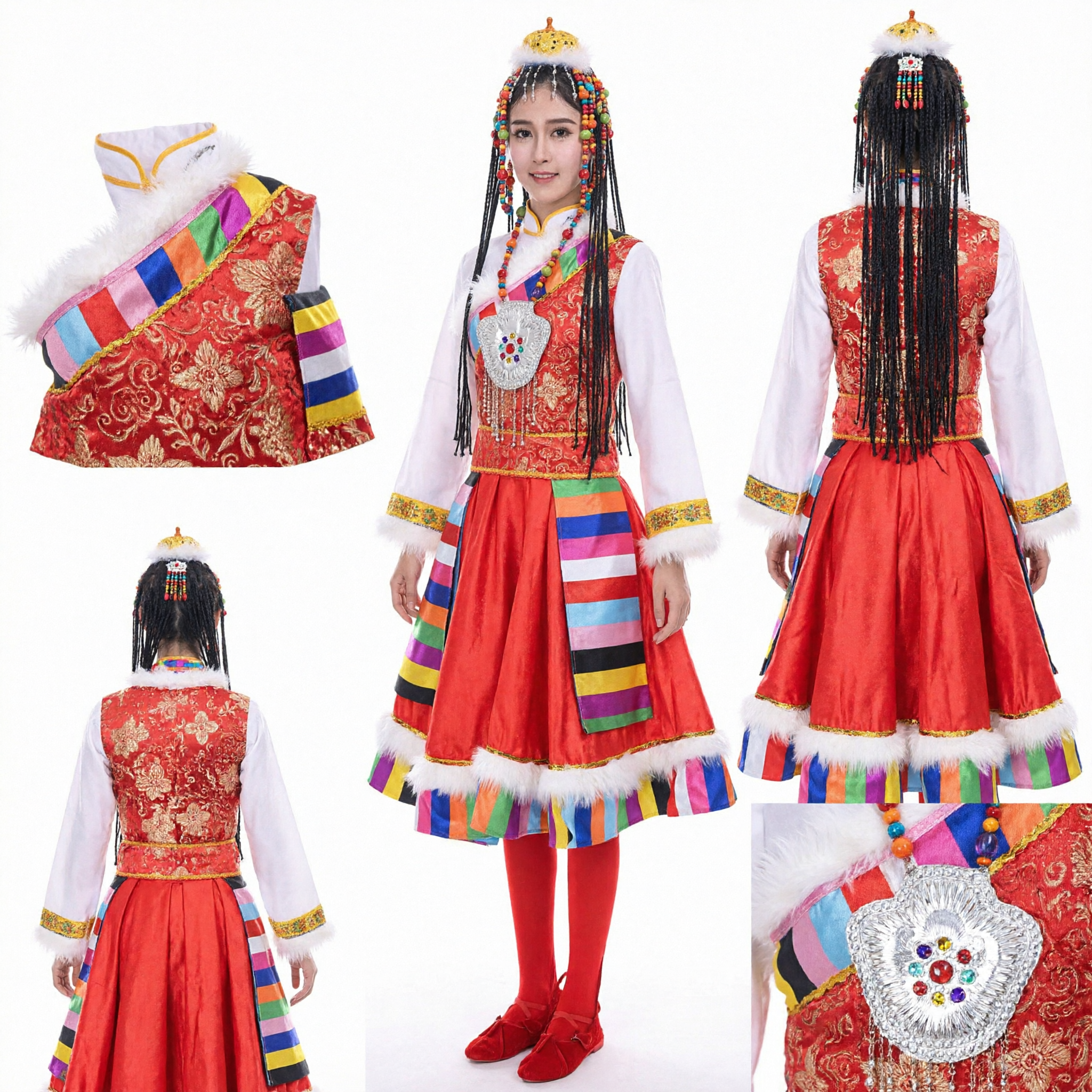 Traditionelles tibetisches Volkstanzkostüm für Frauen, rotes Kleid mit bunten Streifen und Perlenkopfschmuck für Folkloreauftritte - Asian Costume