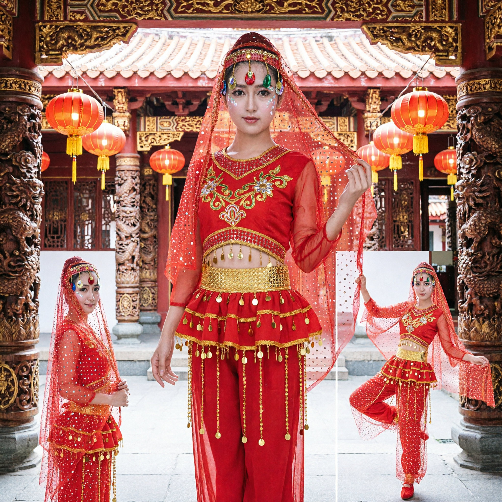 Costume de danse style Bollywood à paillettes rouges pour femmes avec voile et franges dorées pour performance scénique - Asian Costume