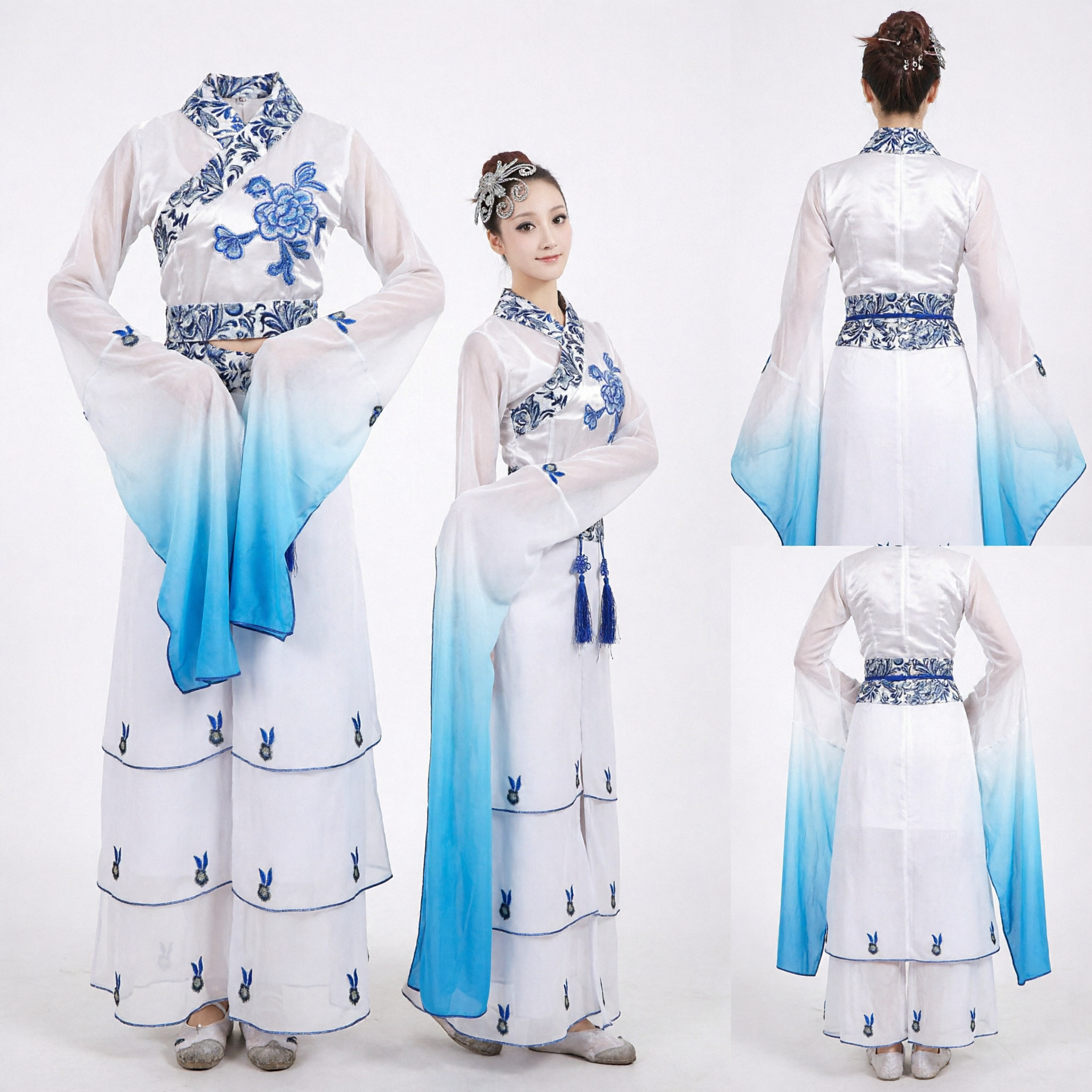 Traditionelles chinesisches klassisches Tanzkostüm für Frauen, blau-weißes Wasserärmel-Volkstanz-Outfit mit Stickerei - Asian Costume