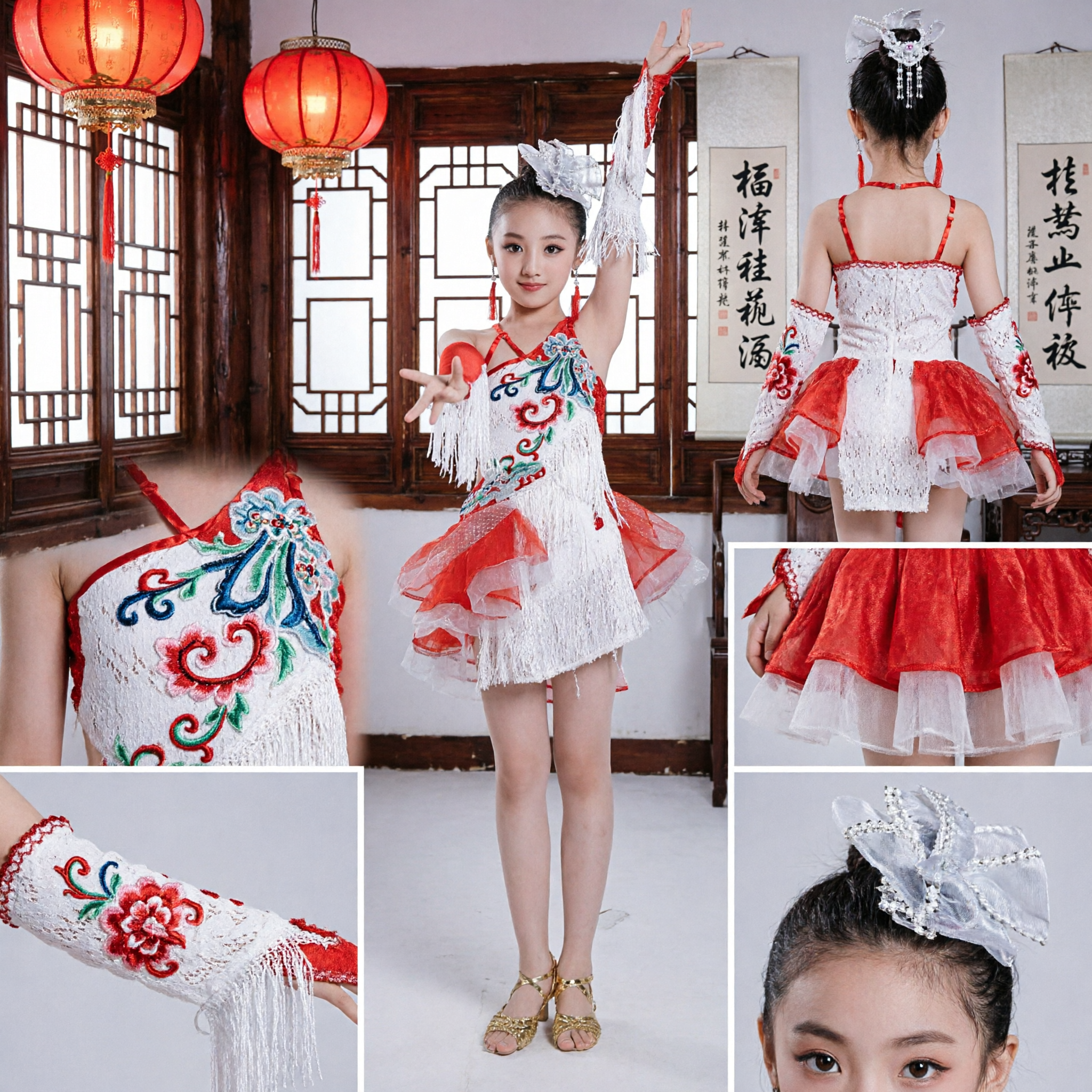 Rot-weißes Lateintanzkleid für Mädchen mit Fransen, Kinder-Ballroom-Salsa-Wettbewerbs-Auftrittskostüm - Asian Costume