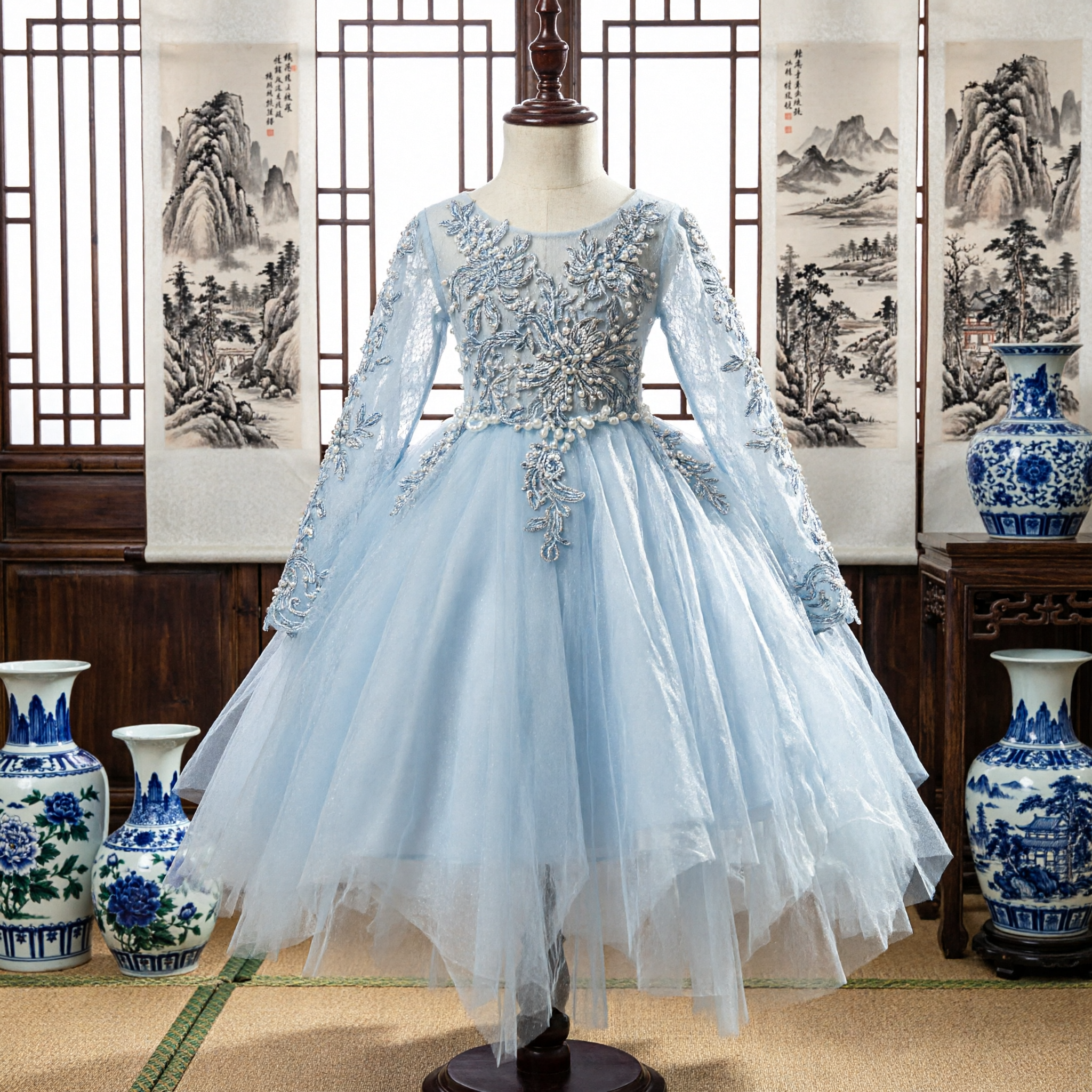 Elegantes langärmliges Spitzen-Applikation-Tüll-formelles Kleid für Blumenmädchen, Erstkommunion- und Schönheitswettbewerbskleid - Asian Costume