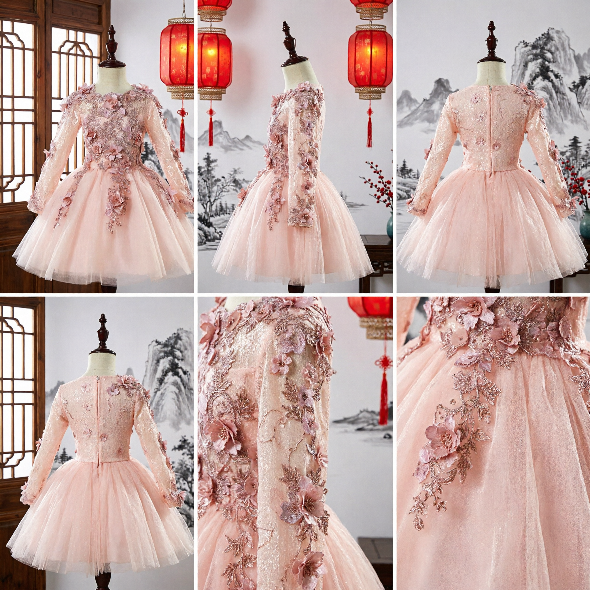 Robe élégante rose en dentelle pour demoiselle d'honneur avec appliqués floraux 3D, manches longues, jupe tulle pour fête d'enfant - Asian Costume