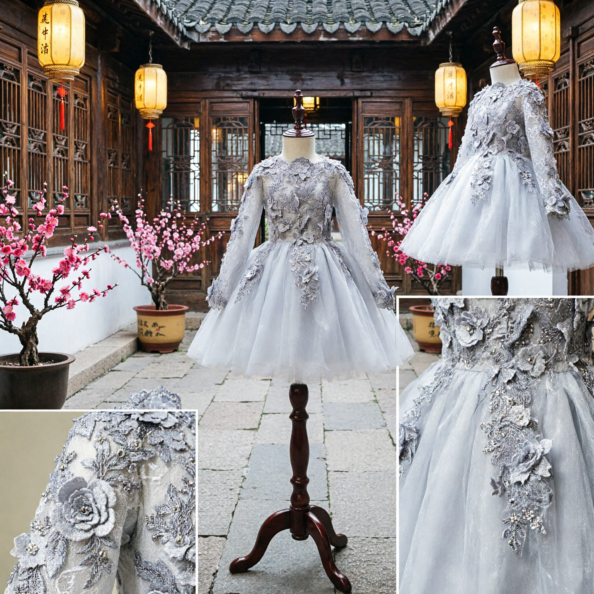 Vestido Elegante Gris Plateado Manga Larga para Damita de Honor Aplicación de Encaje Floral 3D Falda de Tul Vestido de Boda y Concurso - Asian Costume