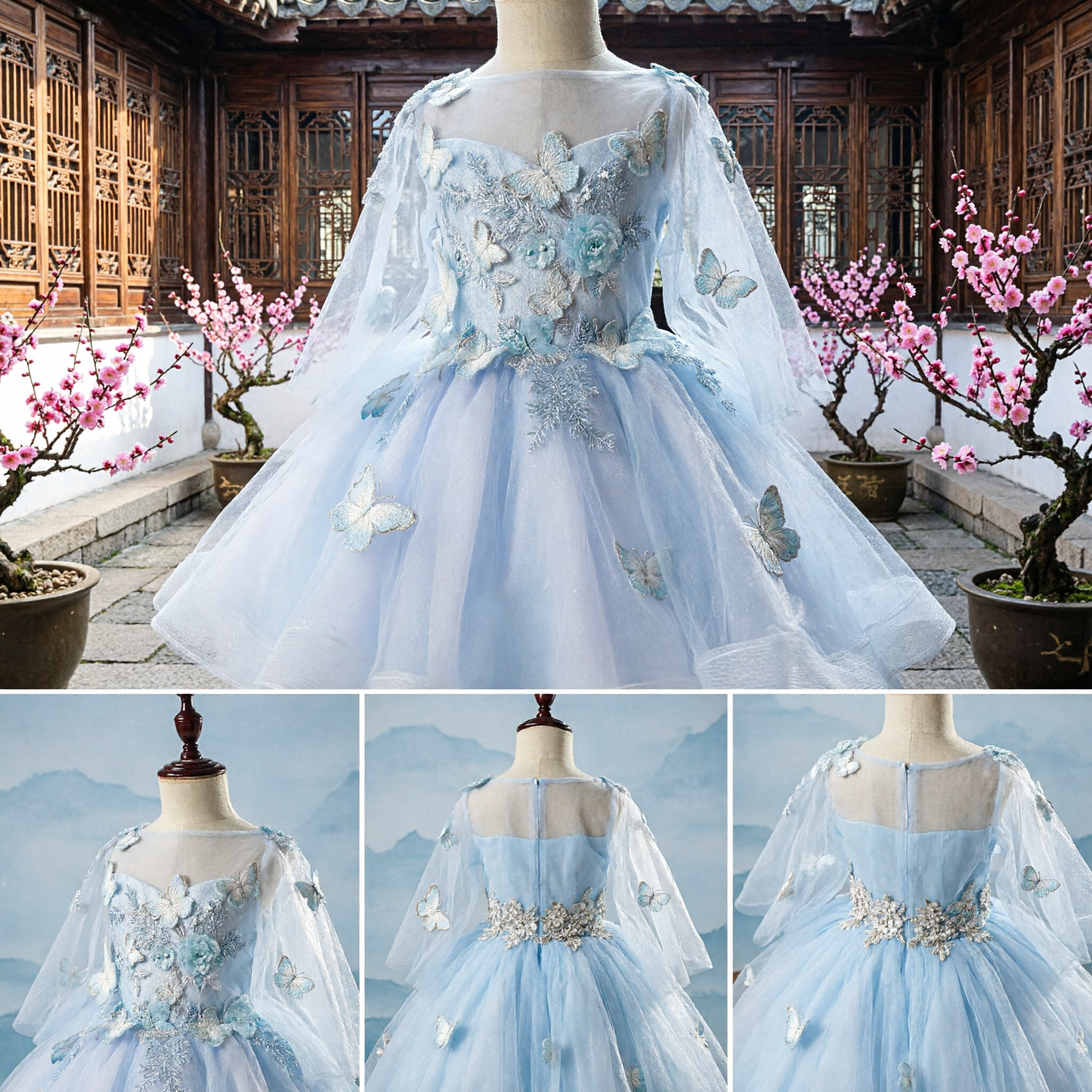 Abito Principessa Fata Farfalla Ragazze Blu con Mantellina Gonna Tulle per Matrimonio e Feste - Asian Costume