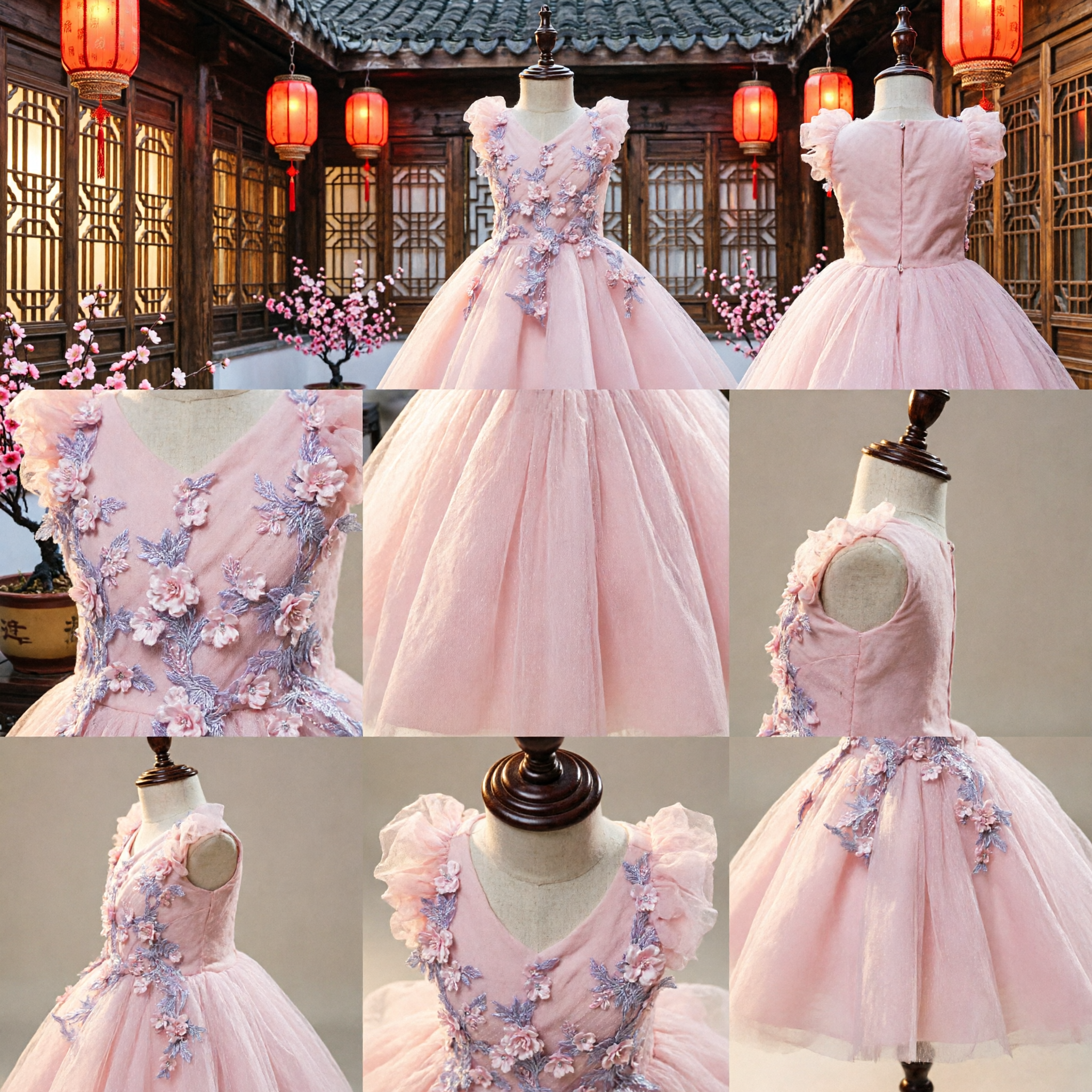 Elegant Pink Kids Flower Girl Dress with Blue Floral Appliques Tulle Wedding Party Gown - Asian Costume
