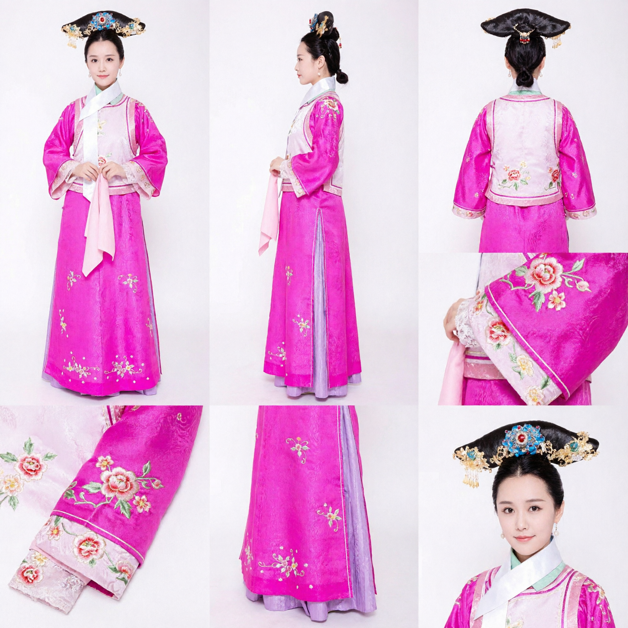 Traditional Chinese Qing Dynasty Manchu Princess Costume Pink Embroidered Robe and Headdress for Women Cosplay Photography - Asian Costume