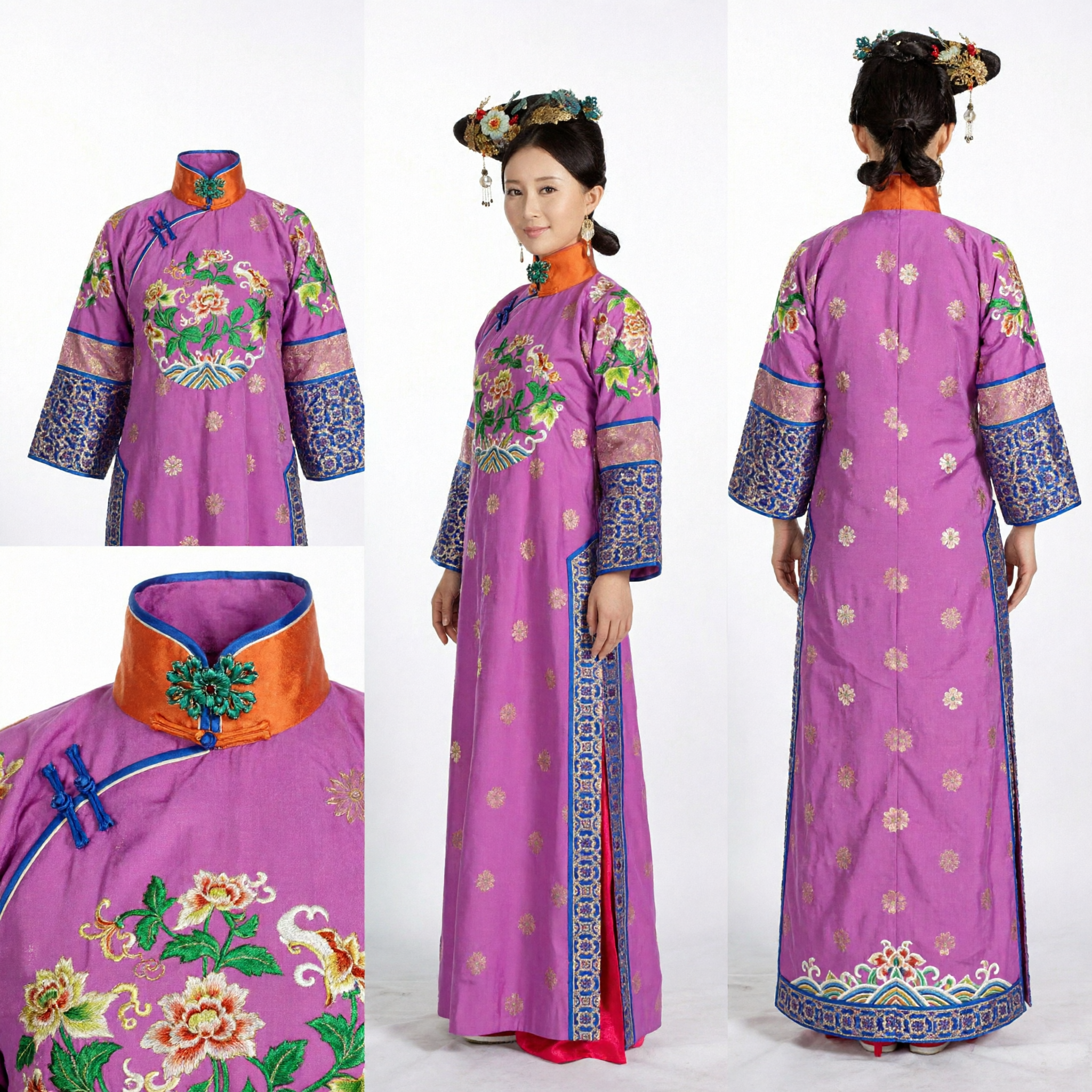 Antikes chinesisches Qing-Dynastie-Palastdamen-Lila besticktes Gewand, traditionelles Manchu-Kostüm für Frauen für Bühnenauftritte - Asian Costume
