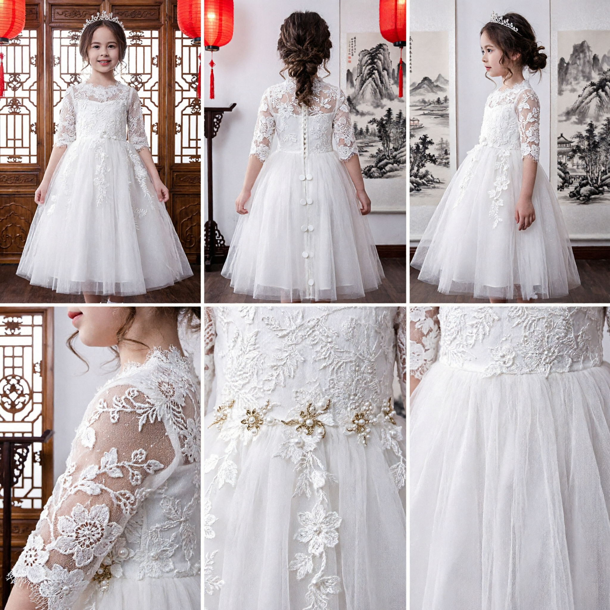 Elegantes weißes Spitzen-Langarm-Blumenmädchenkleid, bodenlanges Tüll-Erstkommunionskleid - Asian Costume