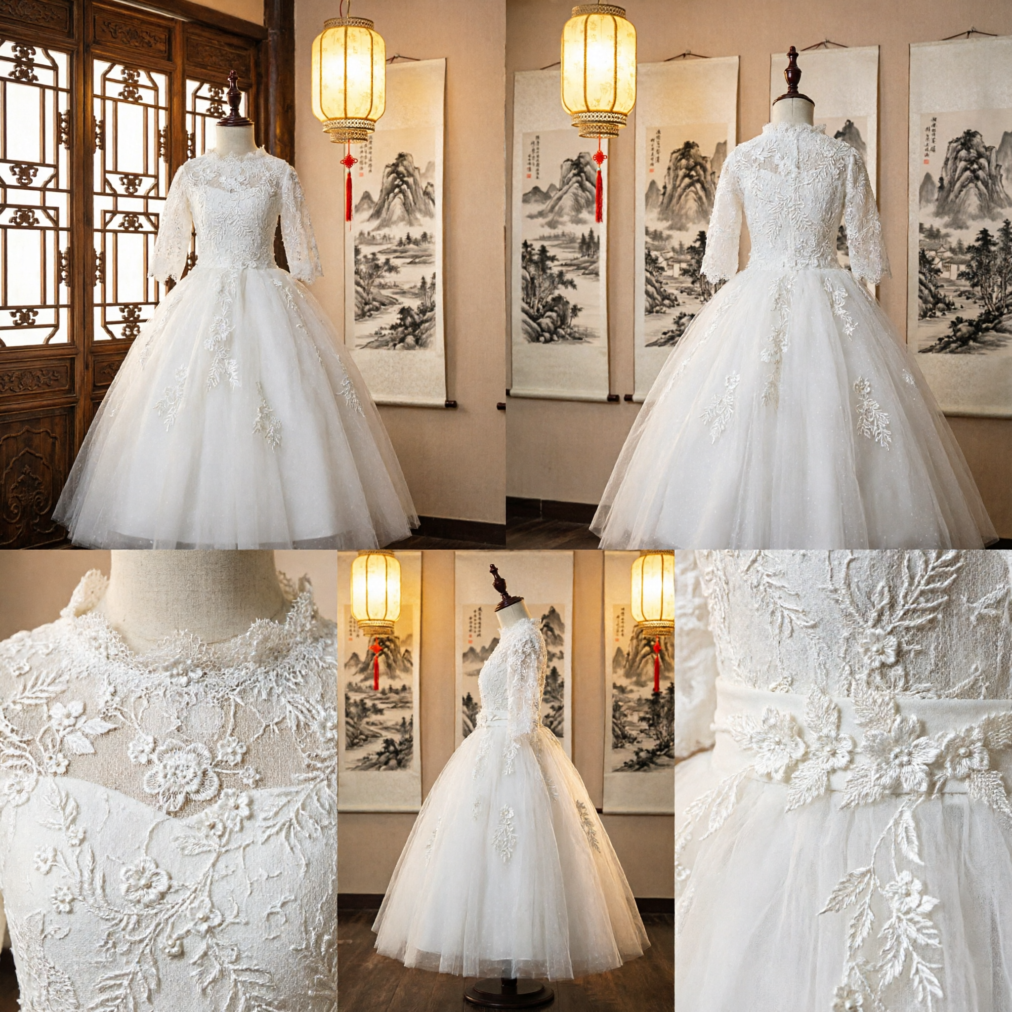 우아한 여아 화이트 레이스 첫영성체 드레스 긴소매 플라워걸 볼가운 정식 가운 - Asian Costume