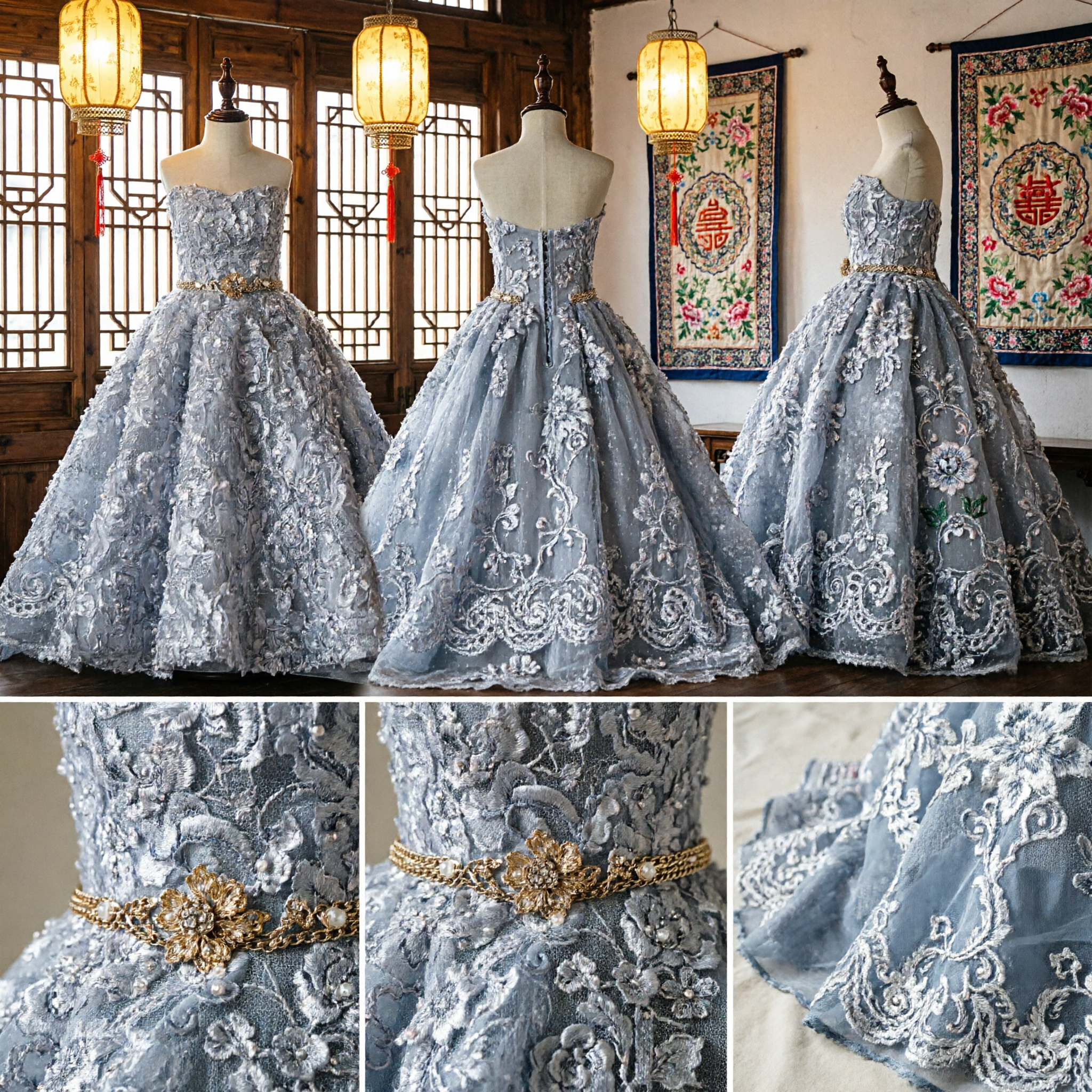 Elegante Vestido de Gala de Encaje Plateado Sin Tirantes con Falda Asimétrica para Damita de Honor para Boda o Primera Comunión - Asian Costume
