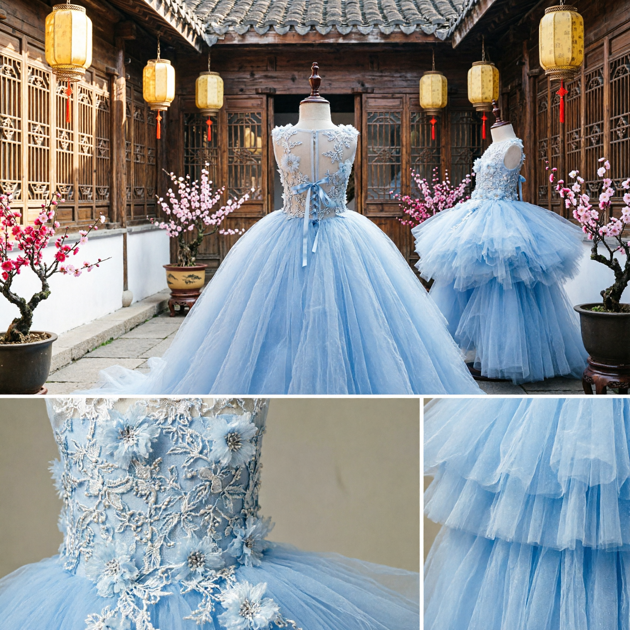 Robe pour demoiselle d'honneur bleu clair - Robe bouffante pour fête de mariage d'enfants avec appliqués de dentelle et jupe en tulle - Asian Costume