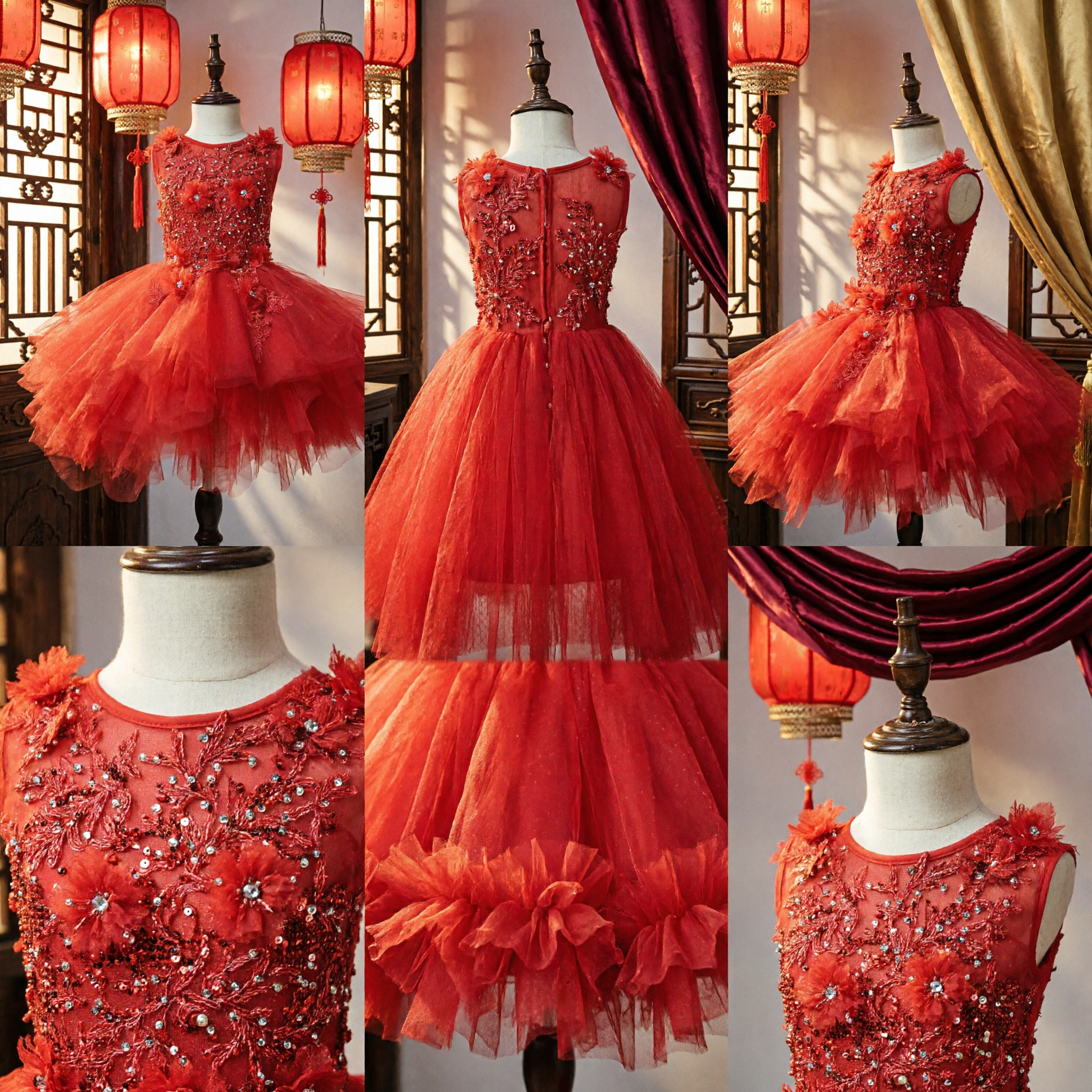 Girls Red Sequin Bodice Tulle Tutu Dress for Flower Girl Wedding Party Pageant - Asian Costume