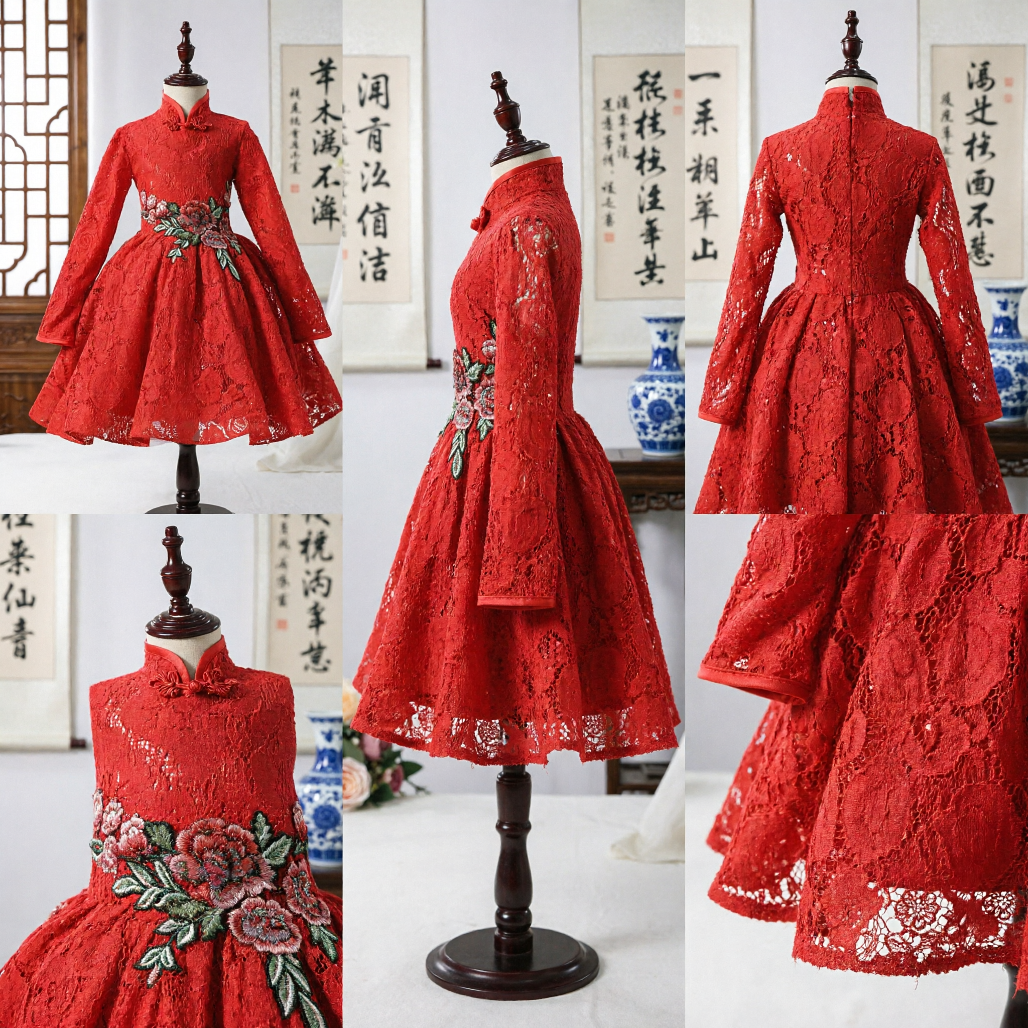 Traditionelles chinesisches rotes Spitzenkleid für Mädchen, Kinder Hochzeitsfeier Langarm Mandarin-Kragen florale Stickerei - Asian Costume