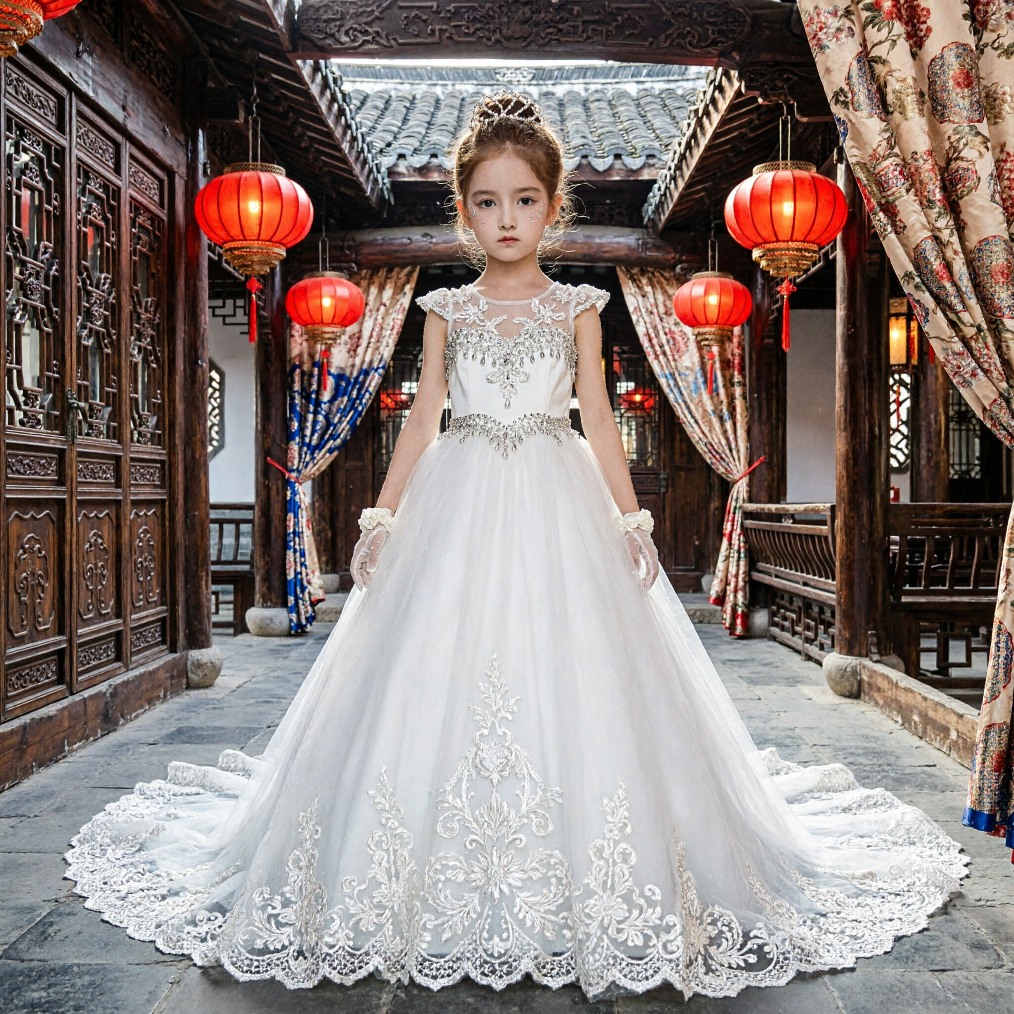 Elegantes weißes Spitzen-Blumenmädchen-Hochzeitskleid mit langer Schleppe für Erstkommunion und formale Partys - Asian Costume