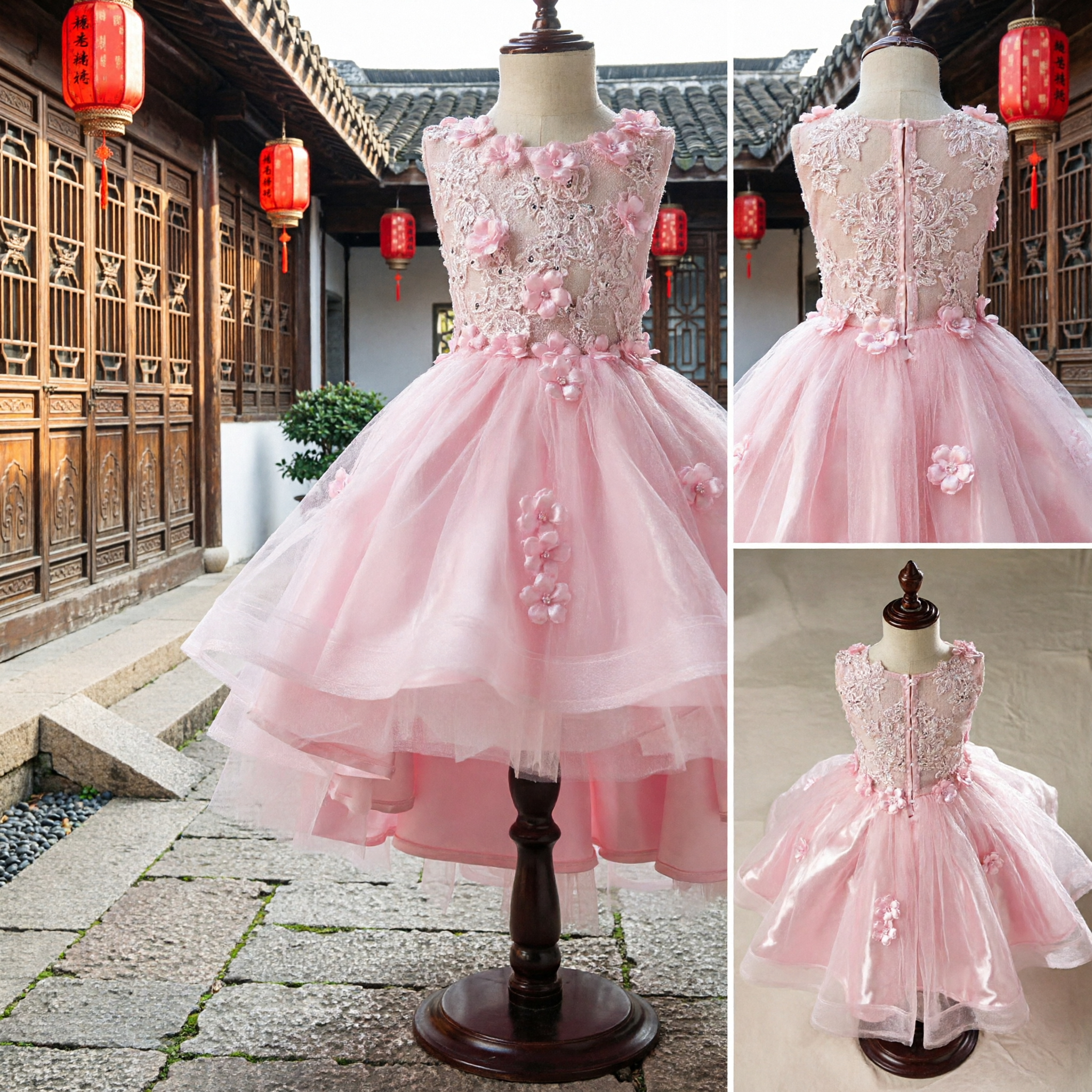Vestido Rosa de Encaje sin Mangas para Niña de las Flores, Traje de Princesa de Tul para Boda - Asian Costume