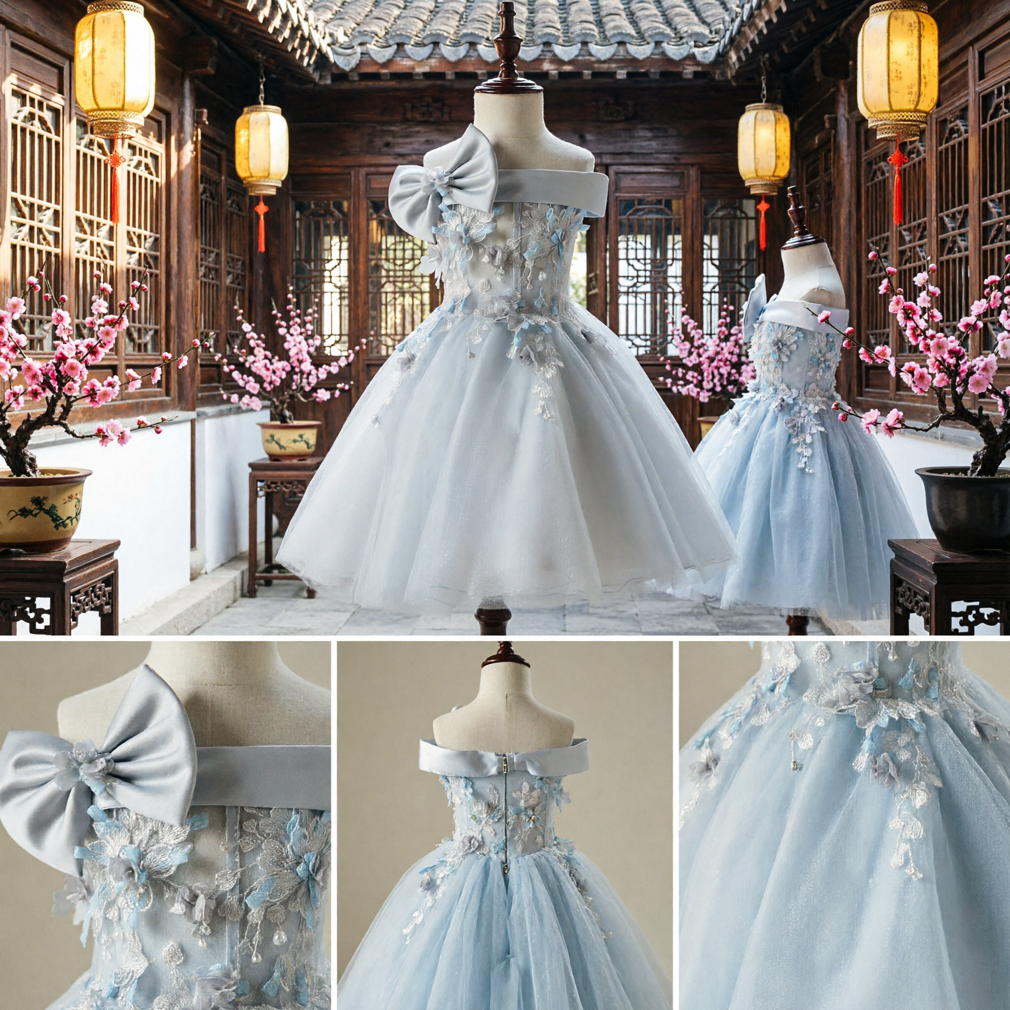 فستان فتاة الزفاف الأبيض الأنيق بكتف واحد وتنورة تول مع ربطة كبيرة - Asian Costume