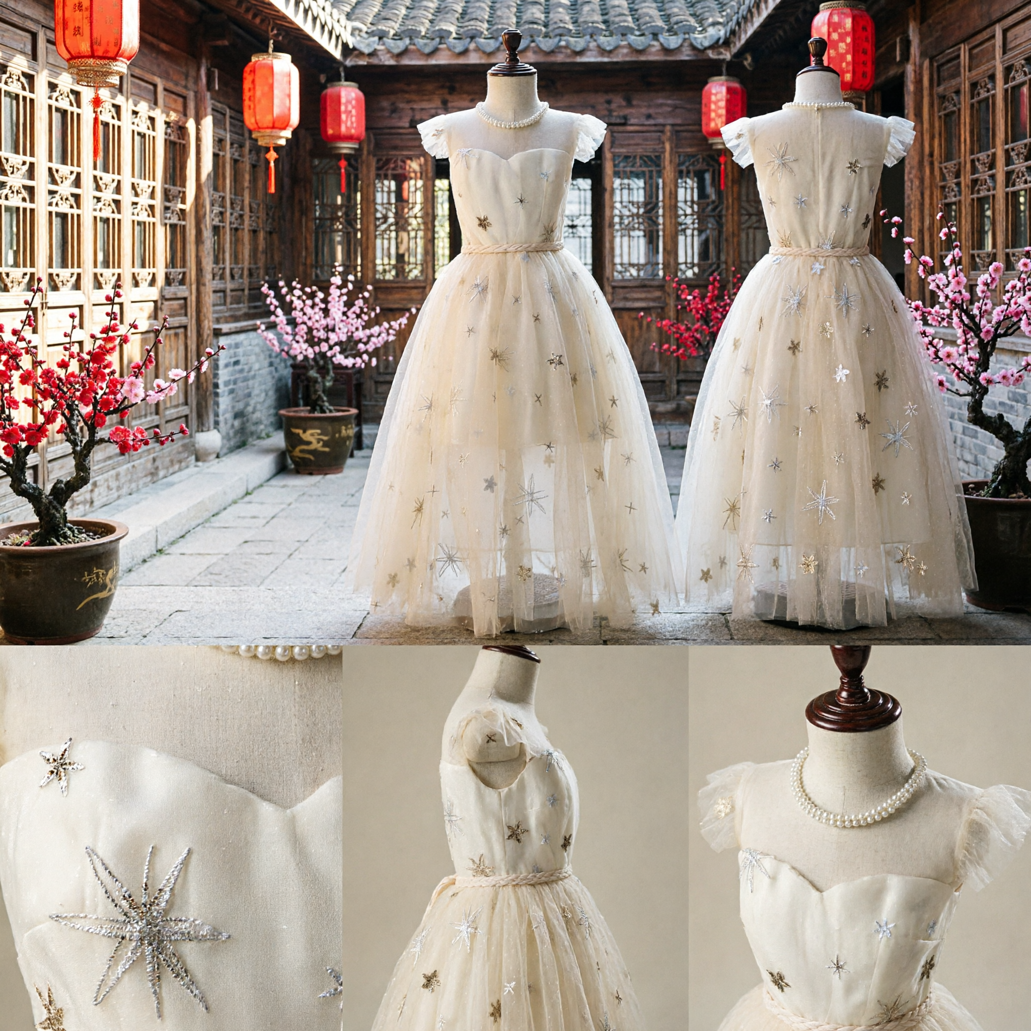 Vestido de Menina das Flores Elegante em Tule Cor de Creme com Bordado de Estrelas para Casamentos e Primeiras Comunhões - Asian Costume