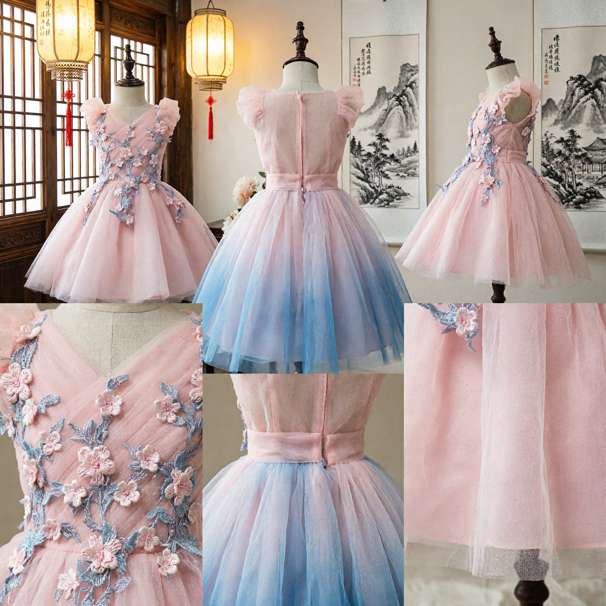 فستان فتاة الزفاف الوردي الأنيق بأكمام كشكشة وتطريز زهري - Asian Costume