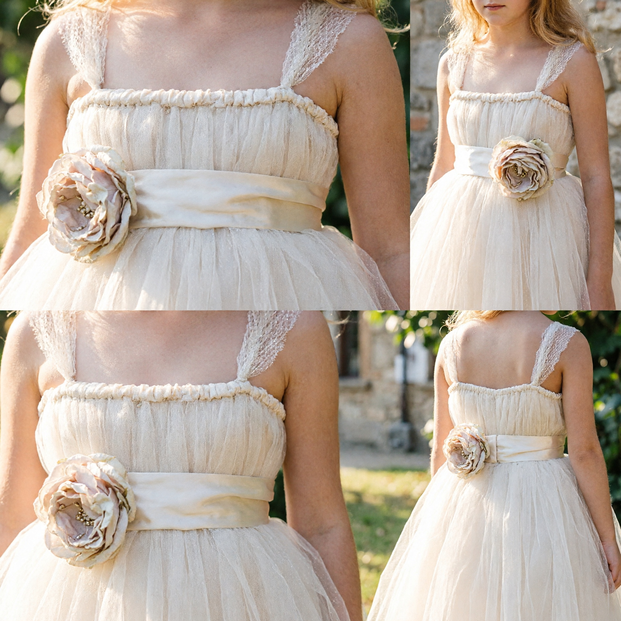 Robe Élégante en Tulle Champagne pour Fille Fleur, Robe de Bal Sans Manches avec Appliqué Floral pour Fête de Mariage et Concours - Asian Costume