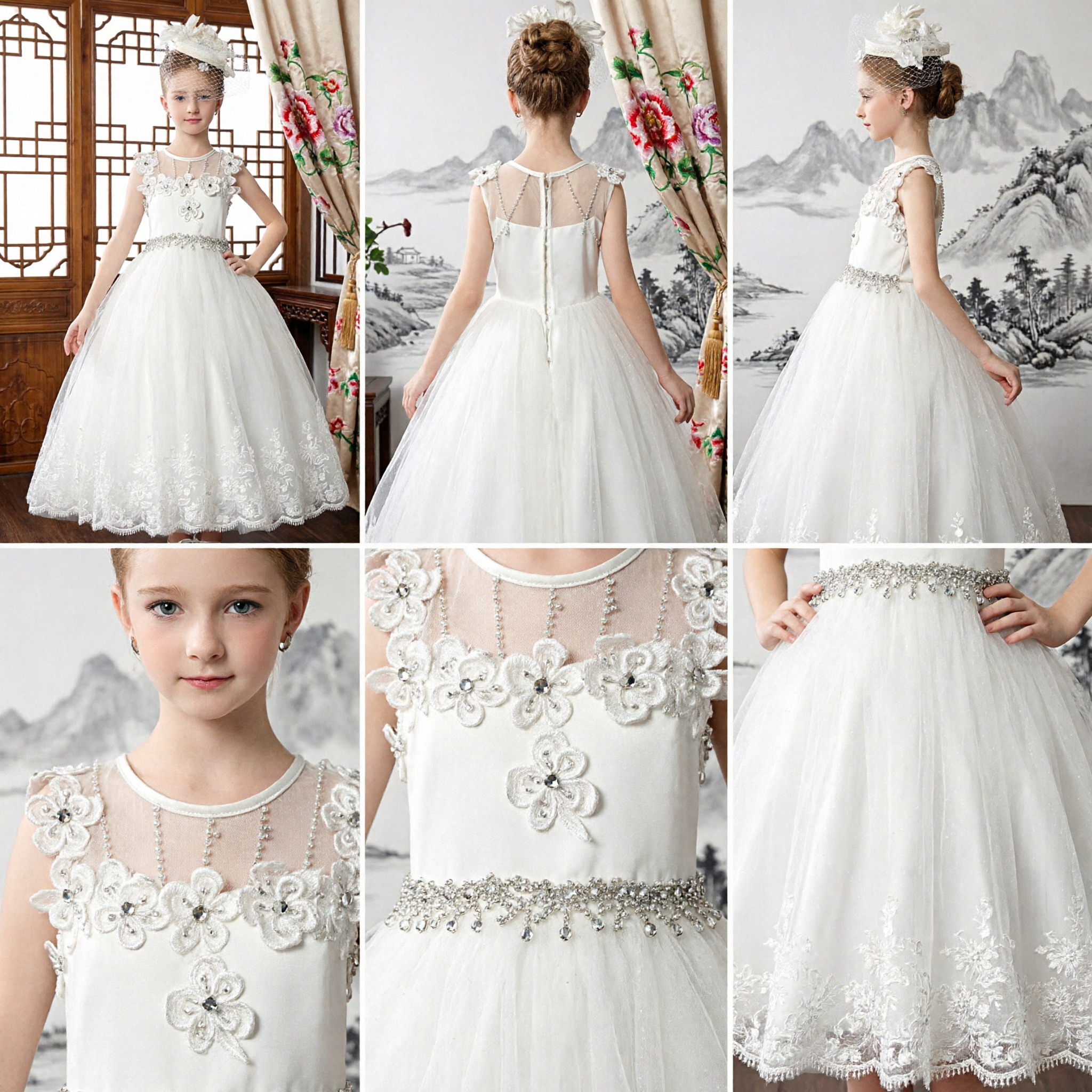 Elegantes weißes Erstkommunionskleid für Mädchen, Blumenmädchen-Hochzeitskleid mit Spitzenapplikationen und bestickter Taille - Asian Costume