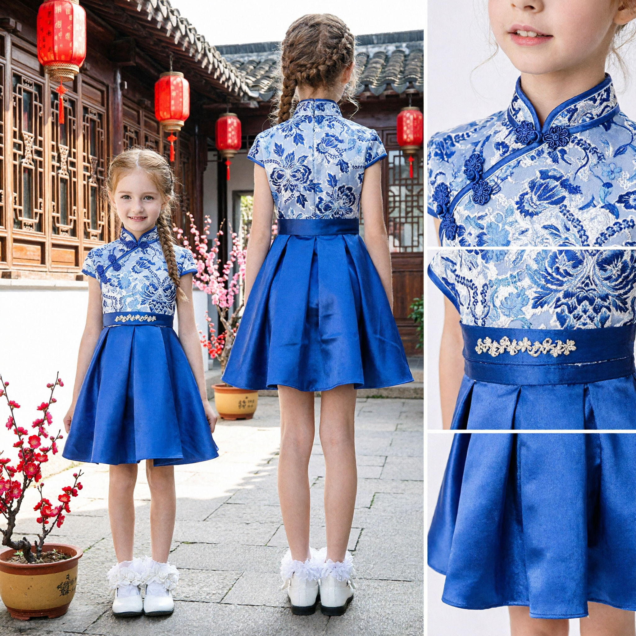 Blauwe Bloemen A-Lijn Kinder Cheongsam Jurken Moderne Chinese Qipao voor Meisjes Bruiloft Feest Optredenskostuum - Asian Costume