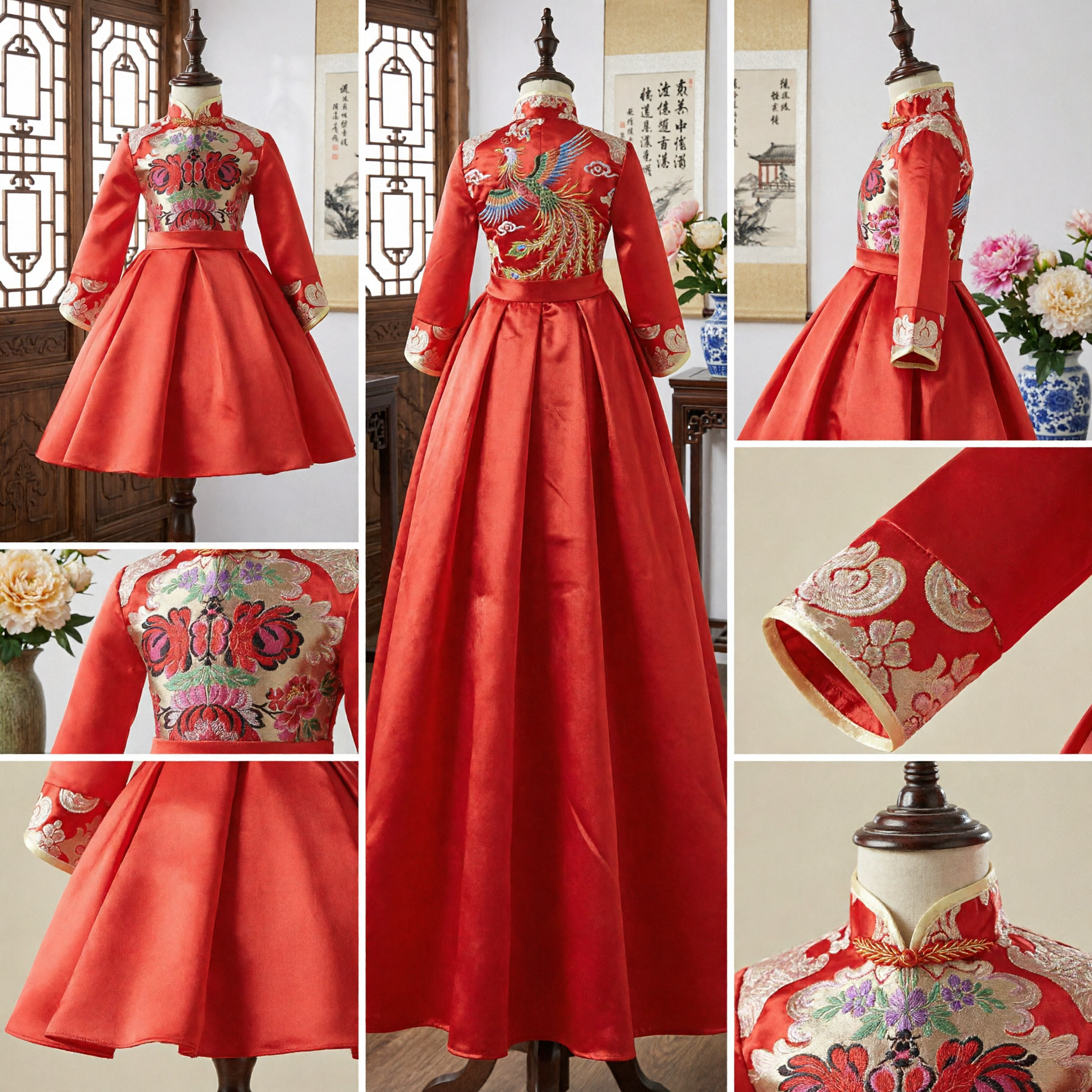 Vestido Cheongsam Rojo para Niñas del Año Nuevo Chino, Traje Formal Tang con Bordado Floral Tradicional para Fiesta - Asian Costume