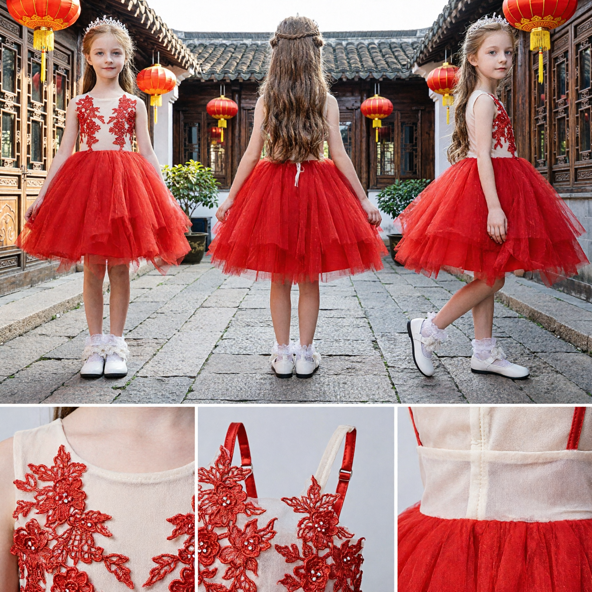 Elegantes rotes blumenbesticktes Tüllkleid für Kinder, Mädchen-Party-Auftritts-Blumenmädchenkostüm - Asian Costume