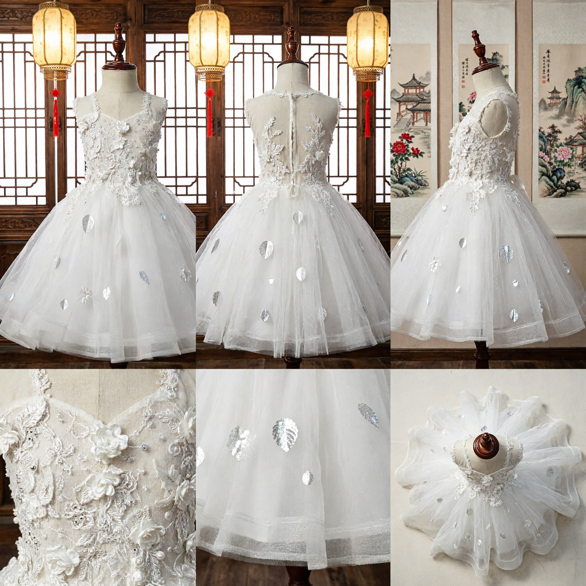 Vestido Elegante Blanco de Encaje para Niña de las Flores con Falda de Tul para Boda, Primera Comunión y Fiesta de Niñas Pequeñas - Asian Costume