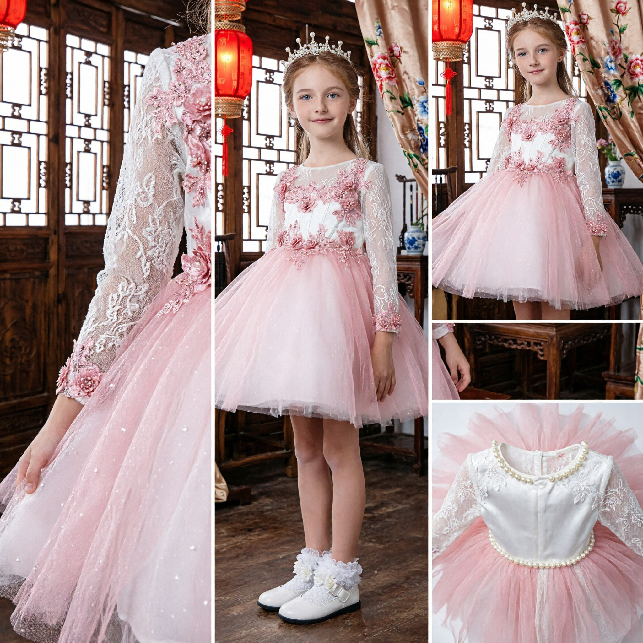Vestido Elegante Rosa de Encaje Floral con Mangas Largas y Tutú para Niñas, Vestido de Novia para Niña de las Flores y Fiesta - Asian Costume